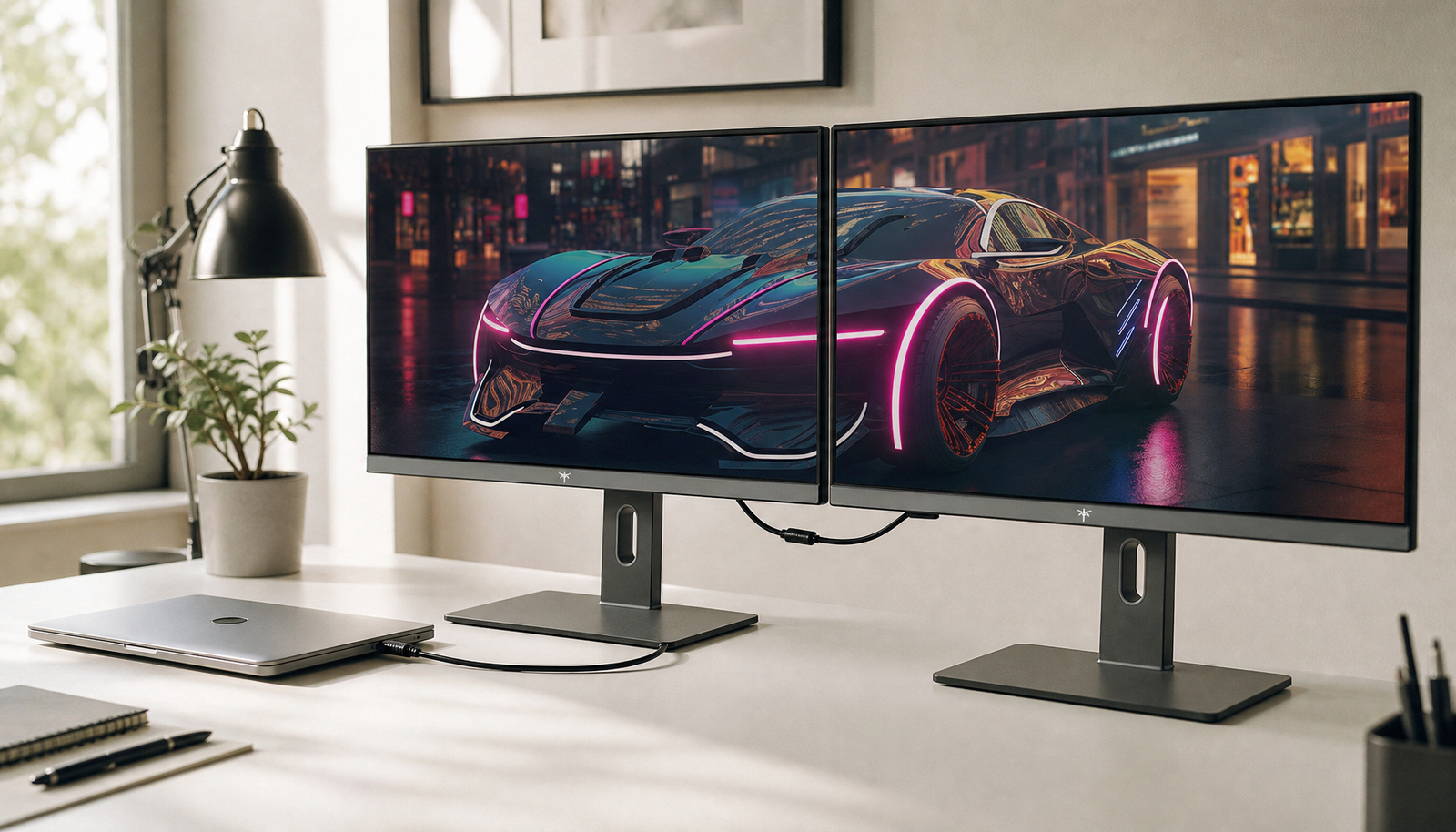 Two USB-C monitors connected in a daisy chain on a minimal home office desk with a single cable running from laptop to first screen