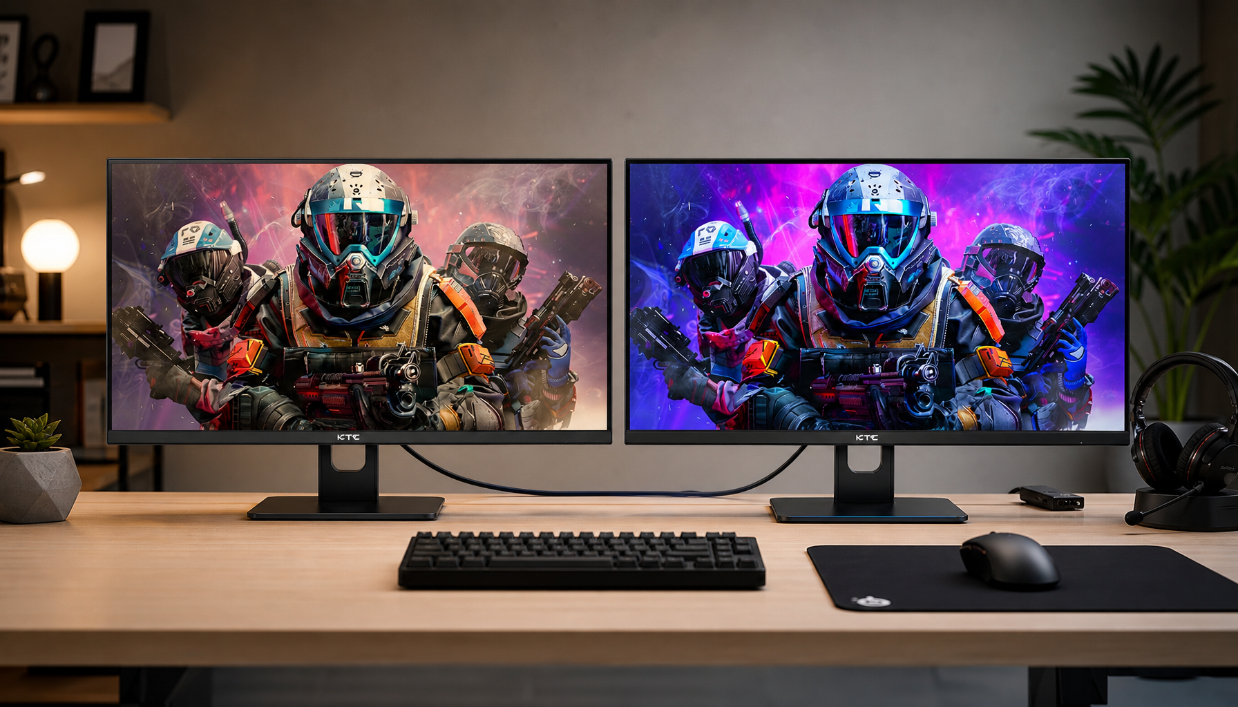 Two daisy-chained monitors showing color accuracy difference caused by MST hub bandwidth limits