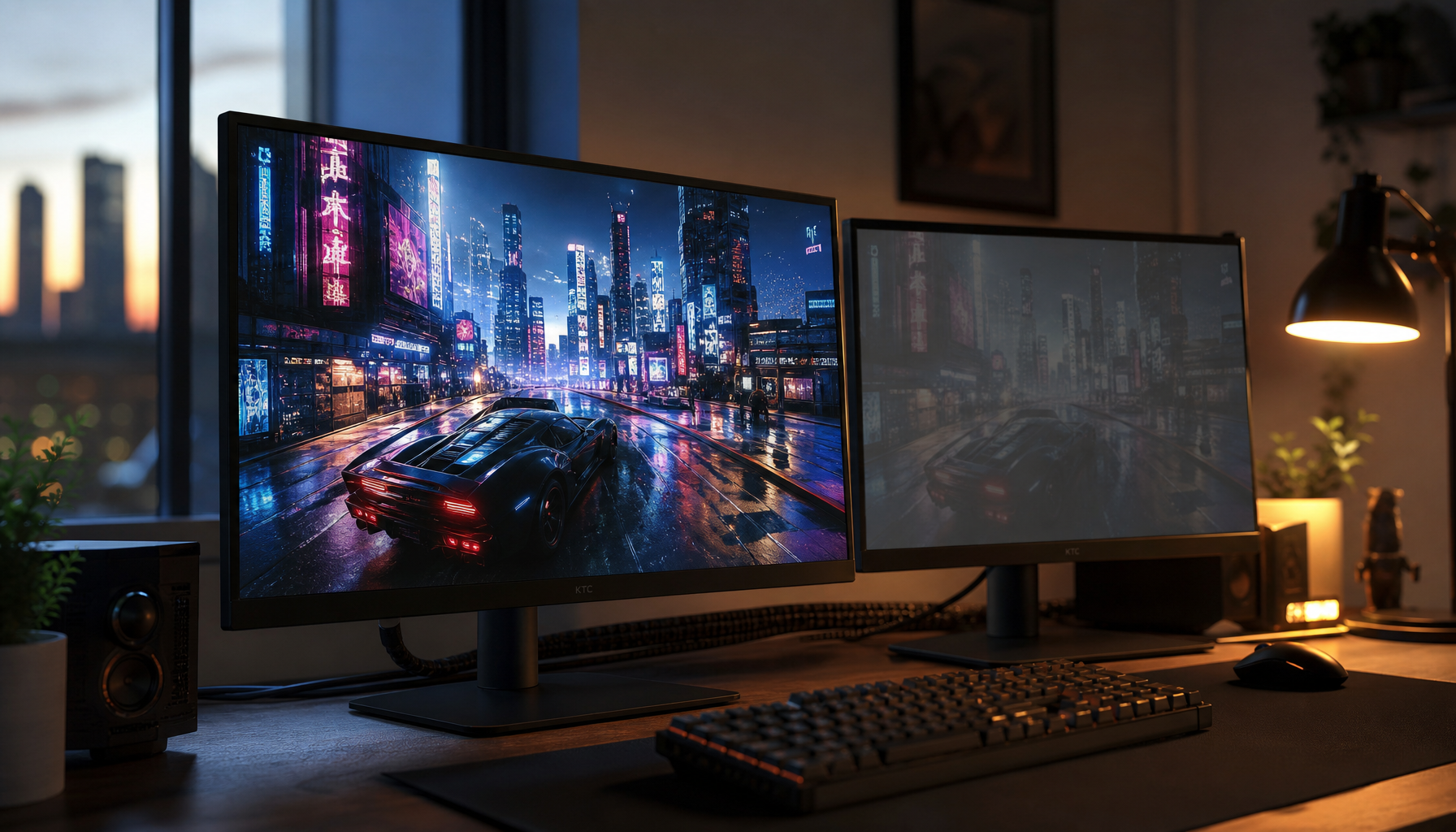 Two gaming monitors on a desk showing the HDR vs SDR brightness difference — left monitor bright and vivid, right monitor dim and flat