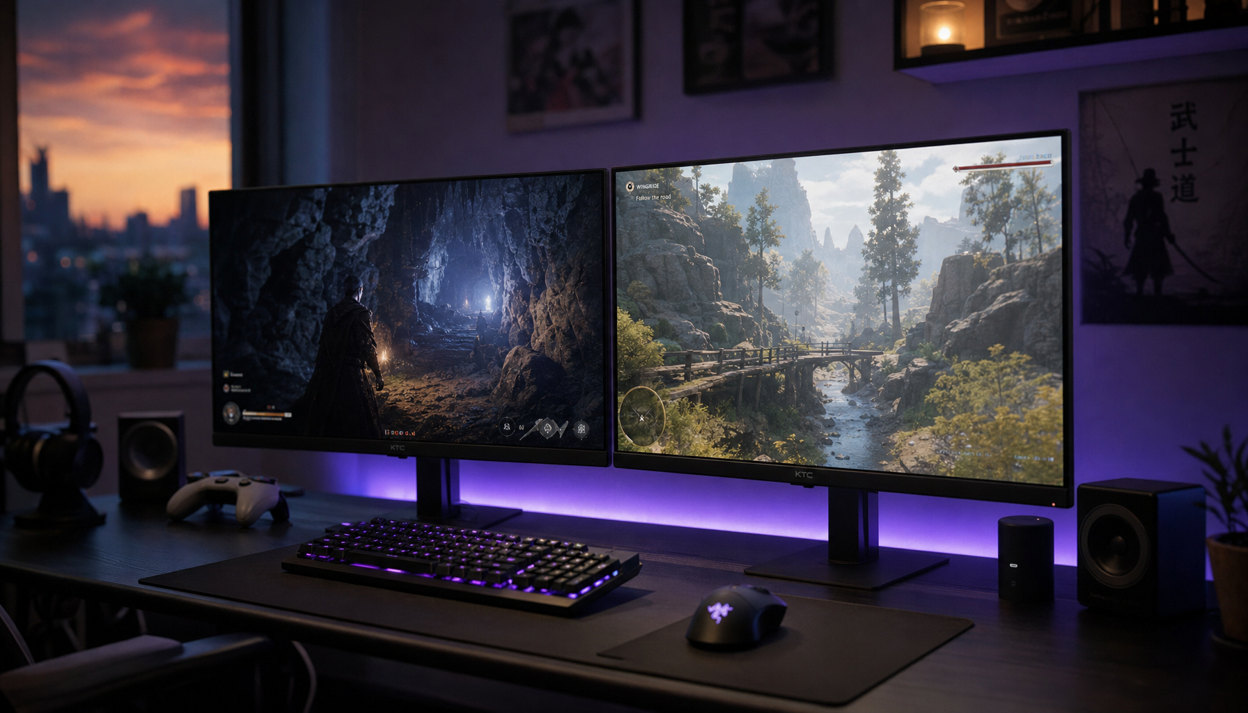Two gaming monitors side by side showing the visual difference between OLED deep-black display and LCD steady-brightness panel