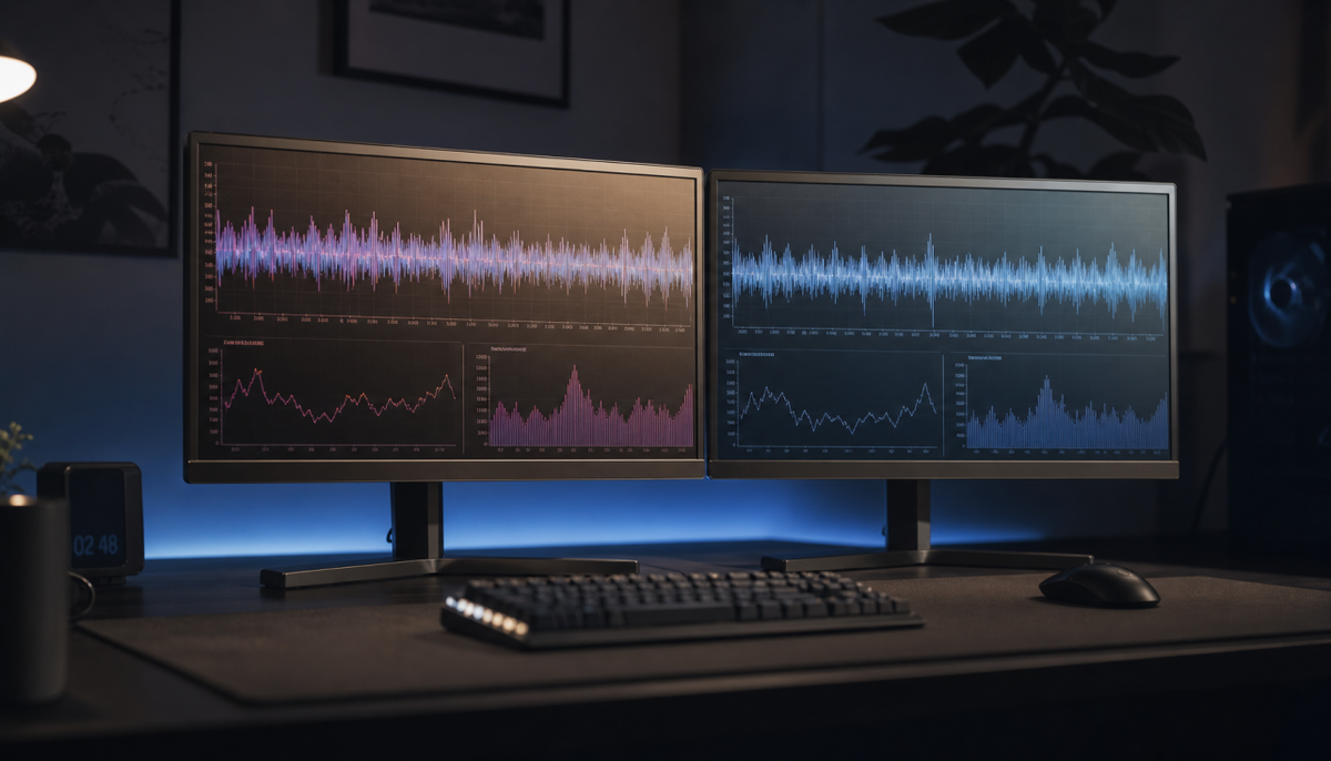 Two identical gaming monitors side by side showing subtle color temperature differences that illustrate panel lottery variation