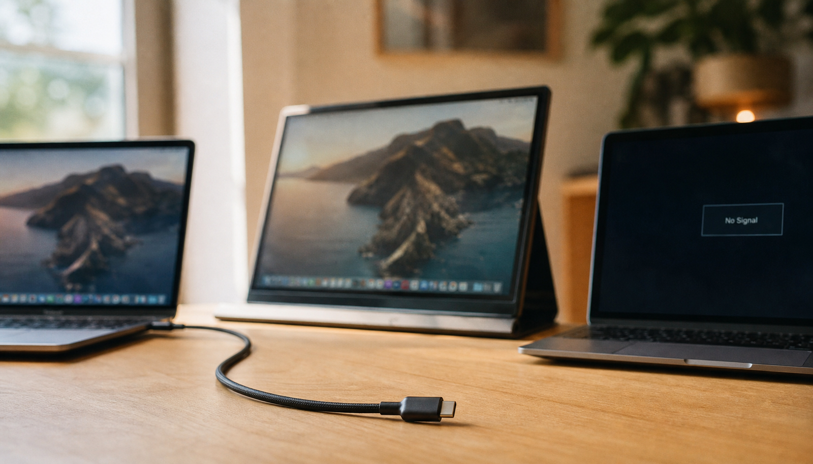 Two laptops on a desk connected to the same USB-C portable monitor — one showing a live image and the other showing no signal, illustrating USB-C compatibility differences