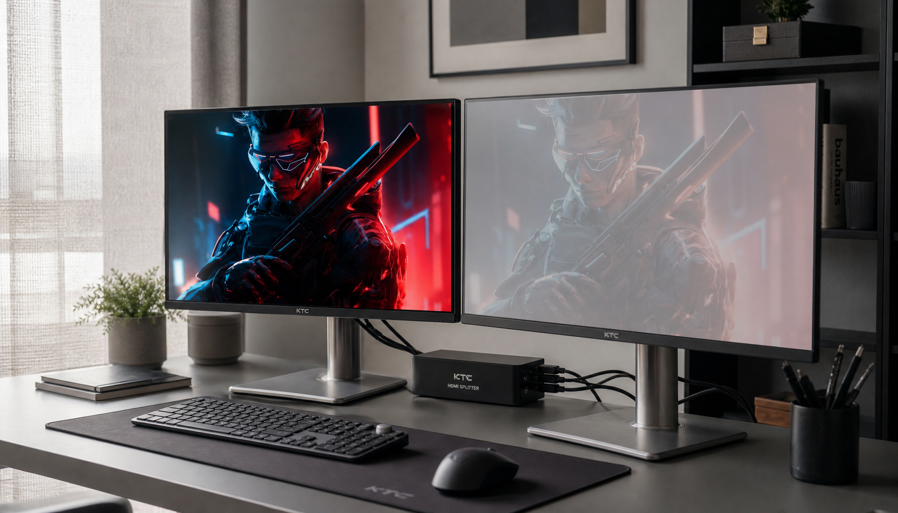 Two monitors connected via a splitter showing color mismatch — one with vivid accurate colors, one with washed-out pale tones