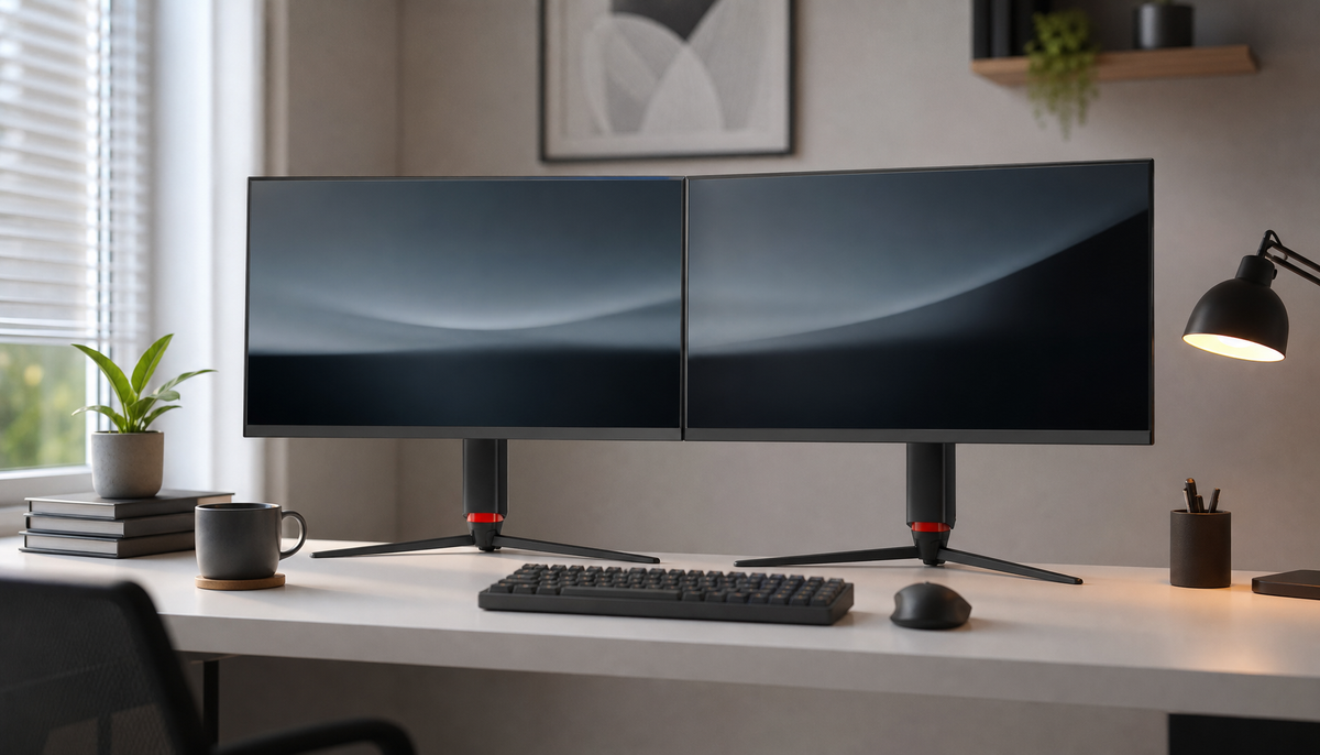 Two slim-bezel monitors aligned edge to edge on a clean home office desk for seamless multi-screen mouse movement