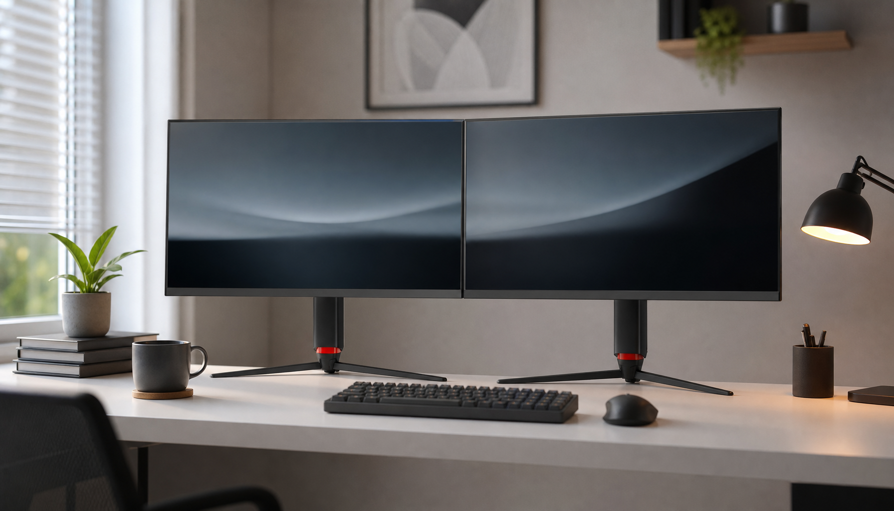 Two slim-bezel monitors aligned edge to edge on a clean home office desk for seamless multi-screen mouse movement