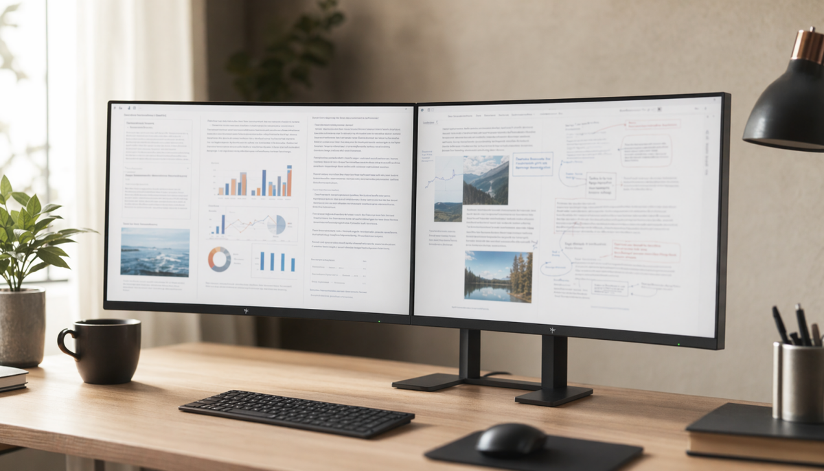Two thin-bezel monitors side by side on a clean desk showing documents in a dual-screen workspace