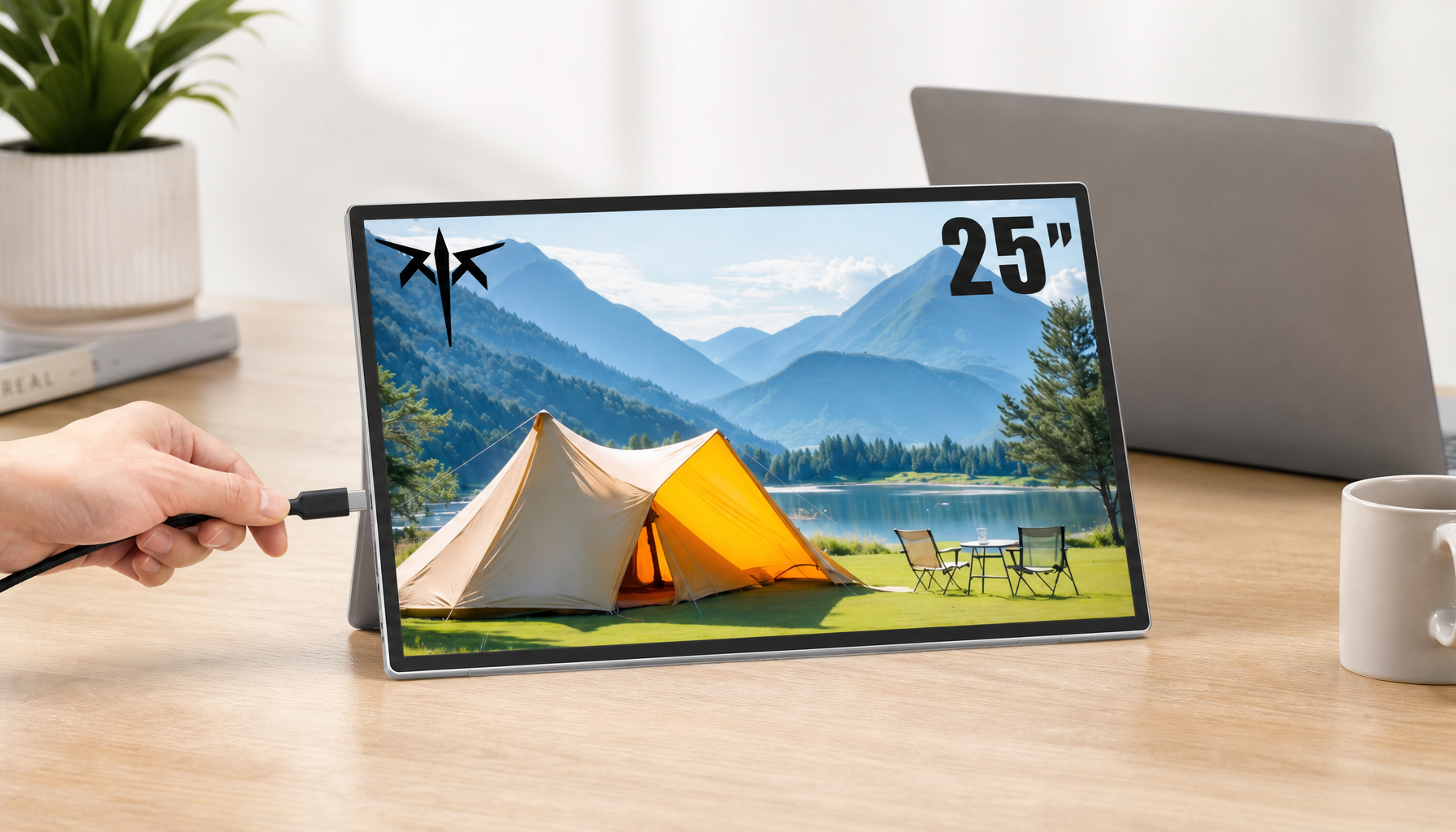 USB-C cable being connected to KTC portable touch monitor on a desk