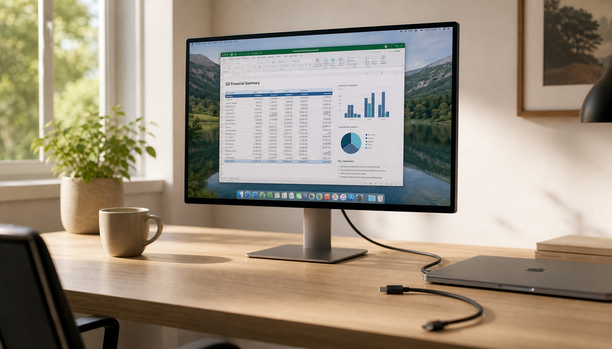 USB-C cable connected to a 4K monitor on a clean home office desk, illustrating the single-cable setup for 4K 60Hz display
