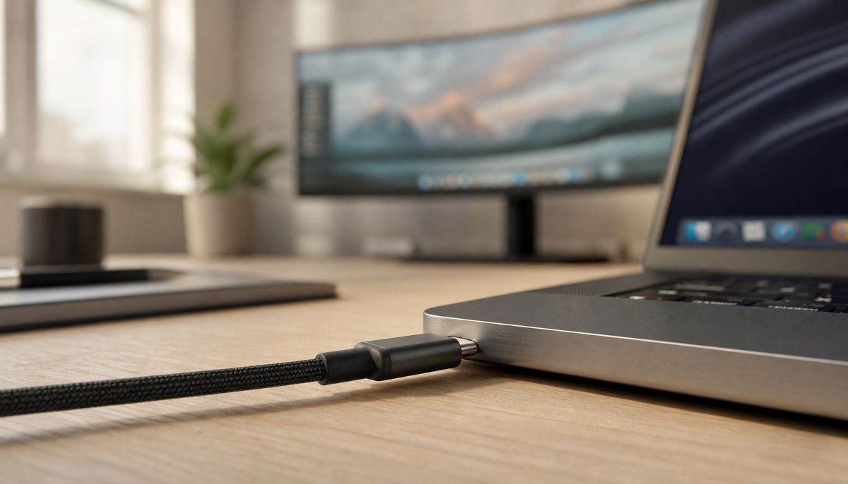 USB-C cable connected to a laptop on a clean home office desk with a monitor in the background