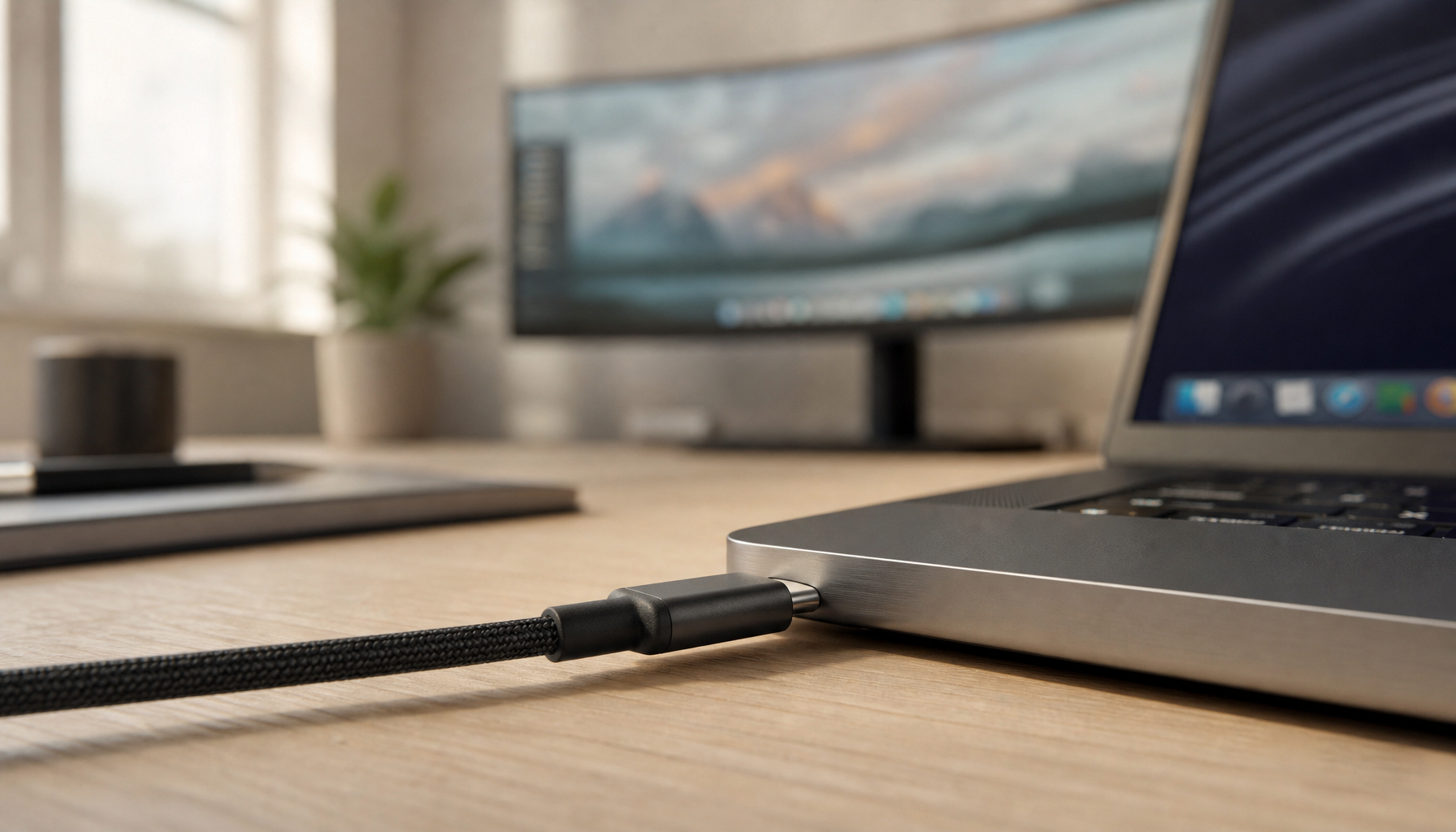 USB-C cable connected to a laptop on a clean home office desk with a monitor in the background