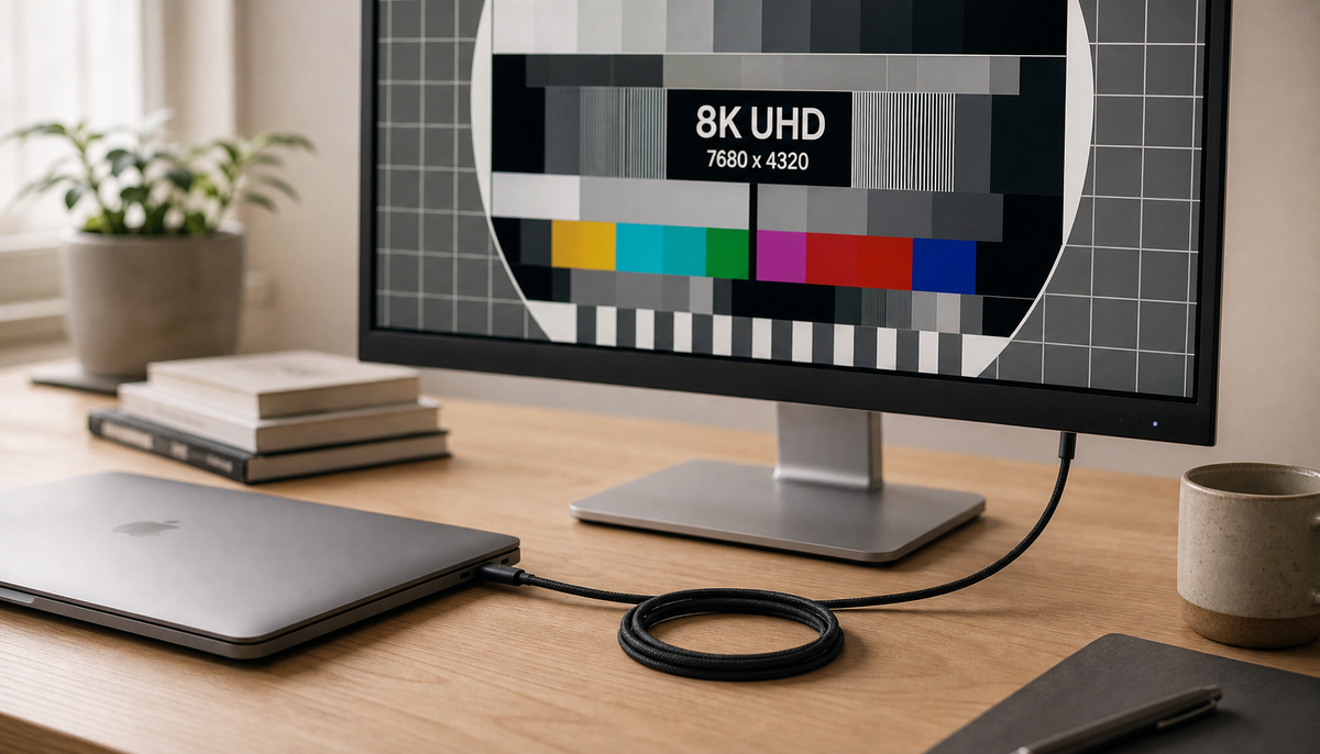 USB-C cable connecting a laptop to an 8K monitor on a clean desk setup
