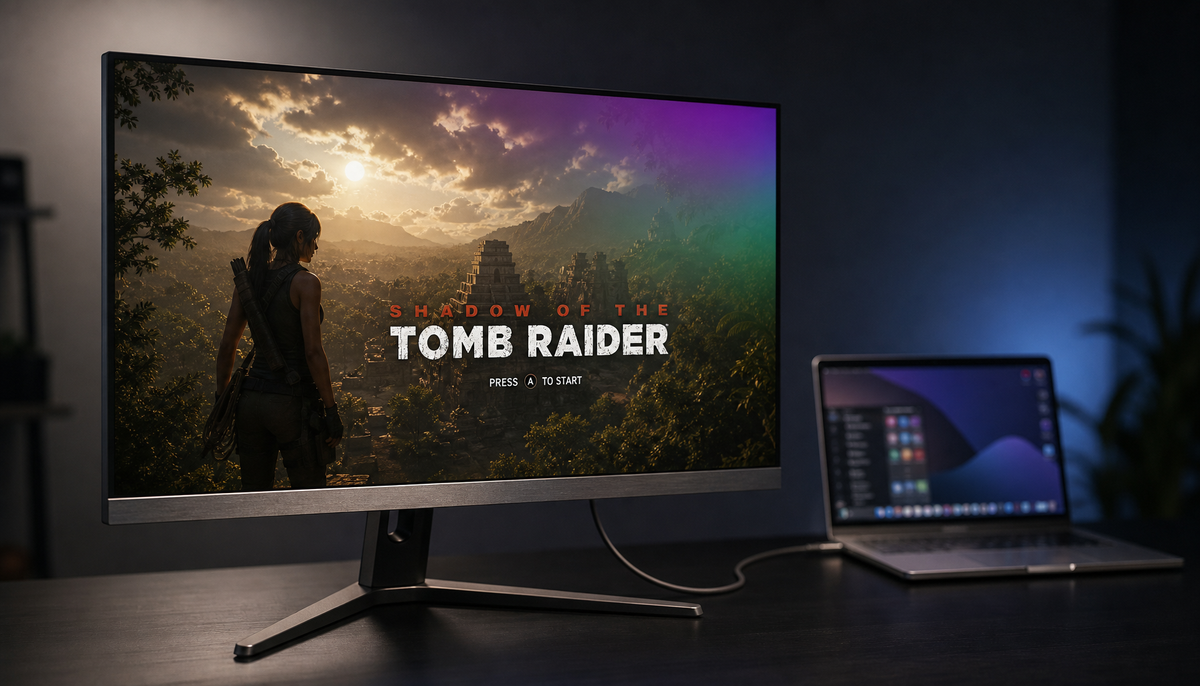 USB-C gaming monitor displaying purple tint at high refresh rate on a dark desk