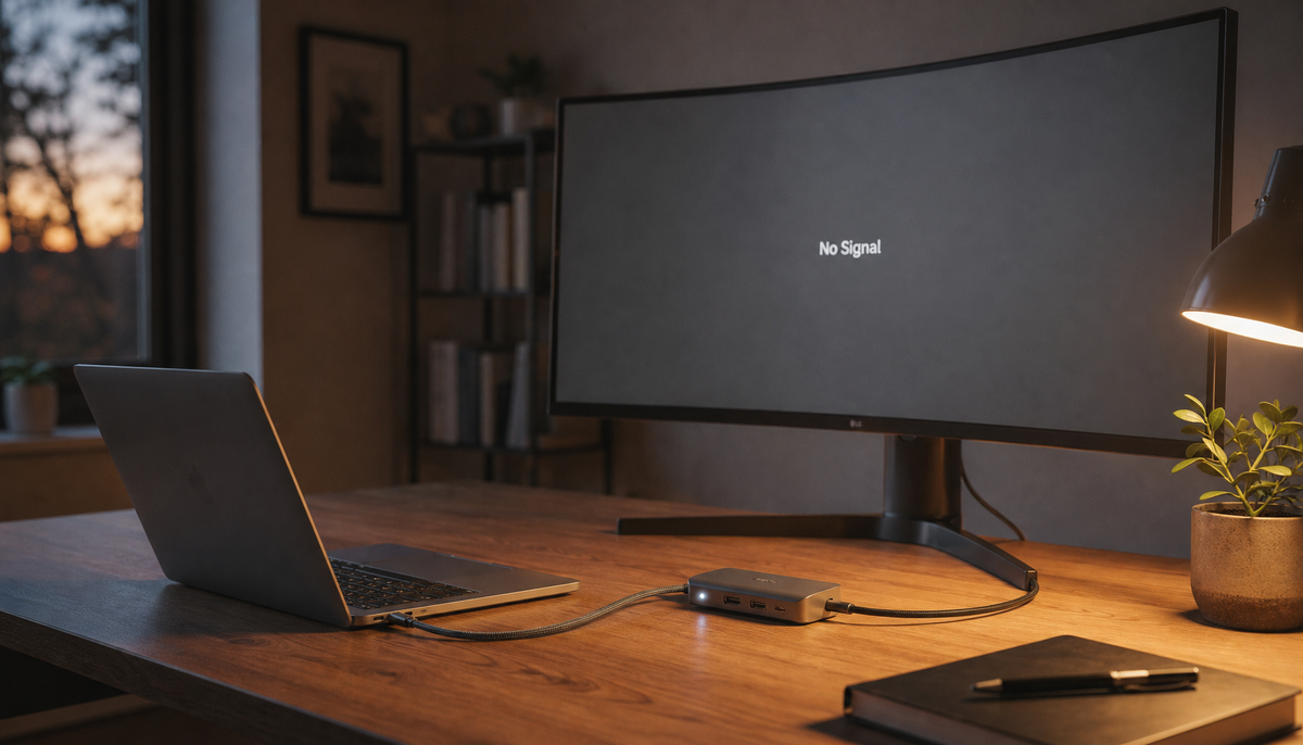 USB-C hub connected between a laptop and a gaming monitor showing No Signal on screen