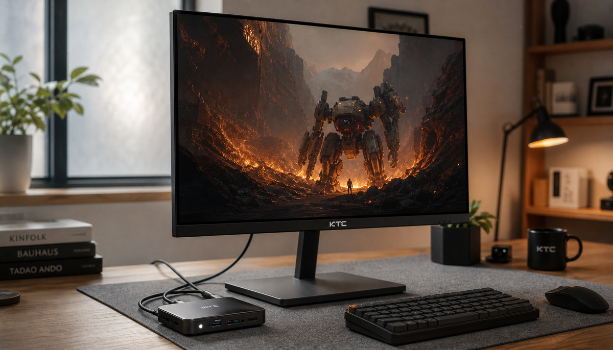 USB-C monitor displaying HDR content on a desk with a docking station in the foreground showing the connection path that can interrupt HDR signal