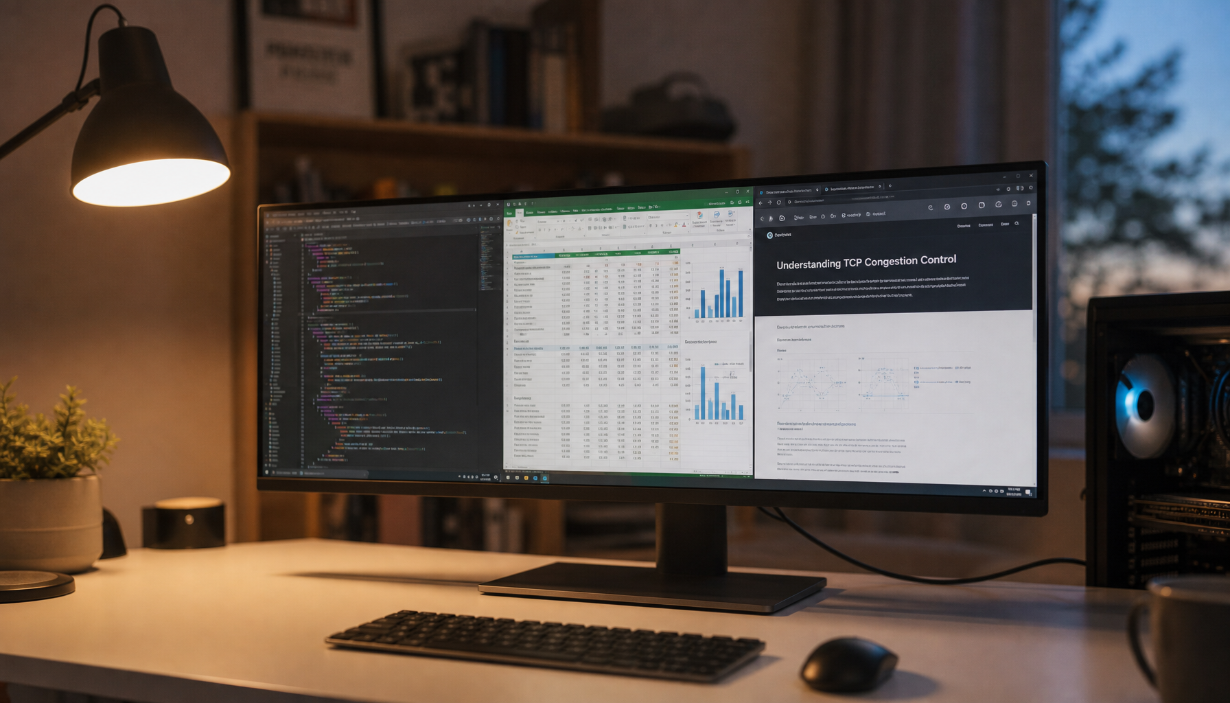 Ultrawide 5K2K monitor on a home office desk connected via DisplayPort 1.4, displaying a multi-window productivity workspace