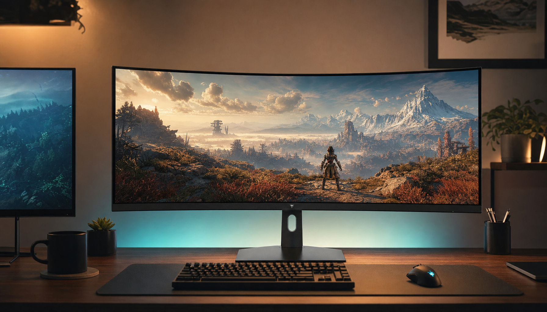 Ultrawide curved gaming monitor displaying a panoramic landscape scene beside a narrower standard monitor on a clean desk setup