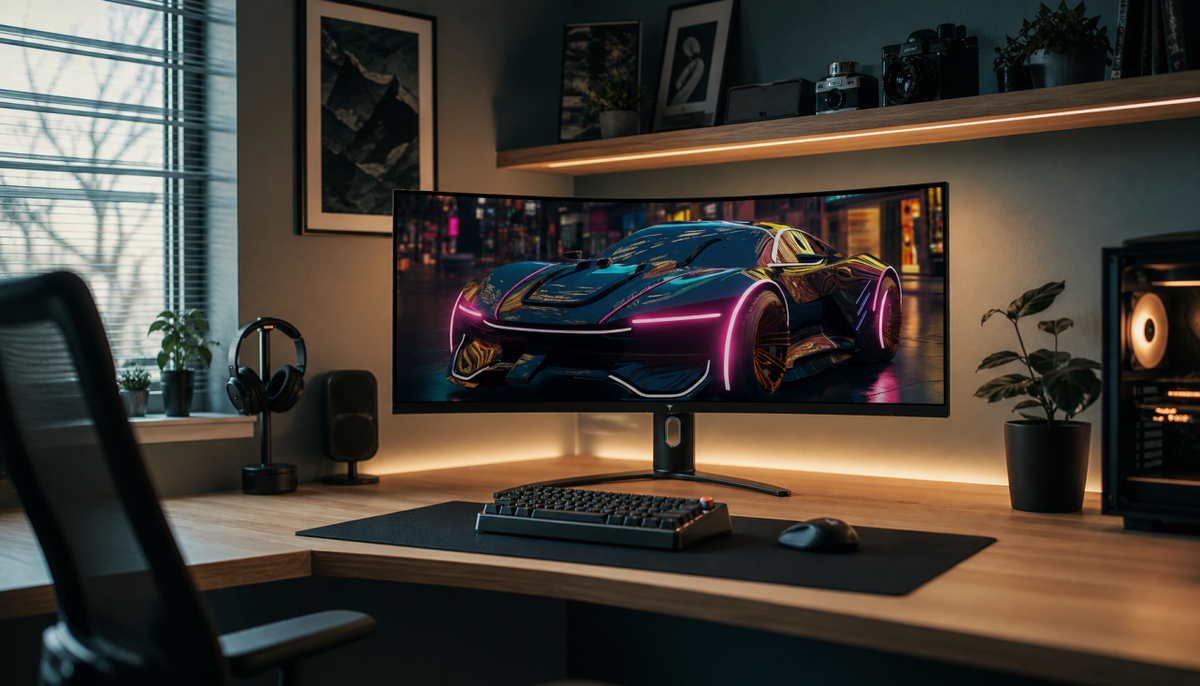Ultrawide curved monitor positioned forward on a corner L-shaped desk, with visible triangular gap behind the panel and keyboard centered in front