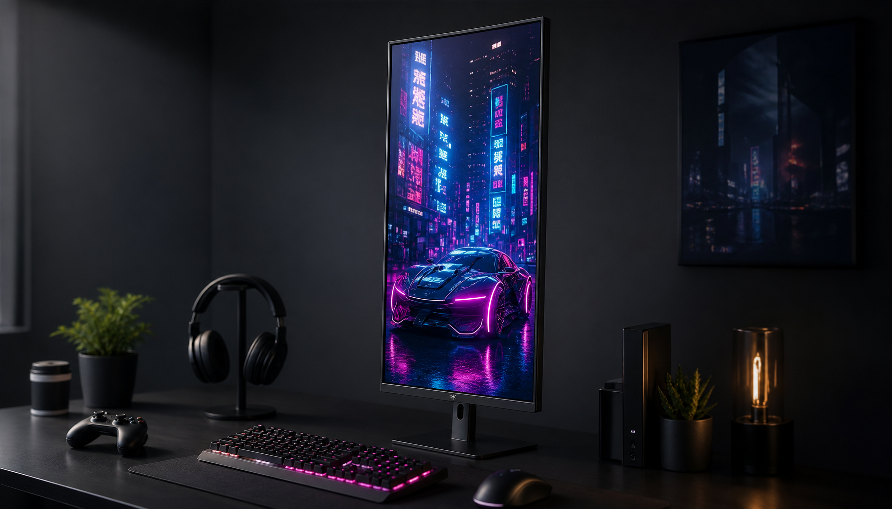 Ultrawide curved monitor rotated into portrait orientation on a gaming desk, showing the tall narrow workspace layout