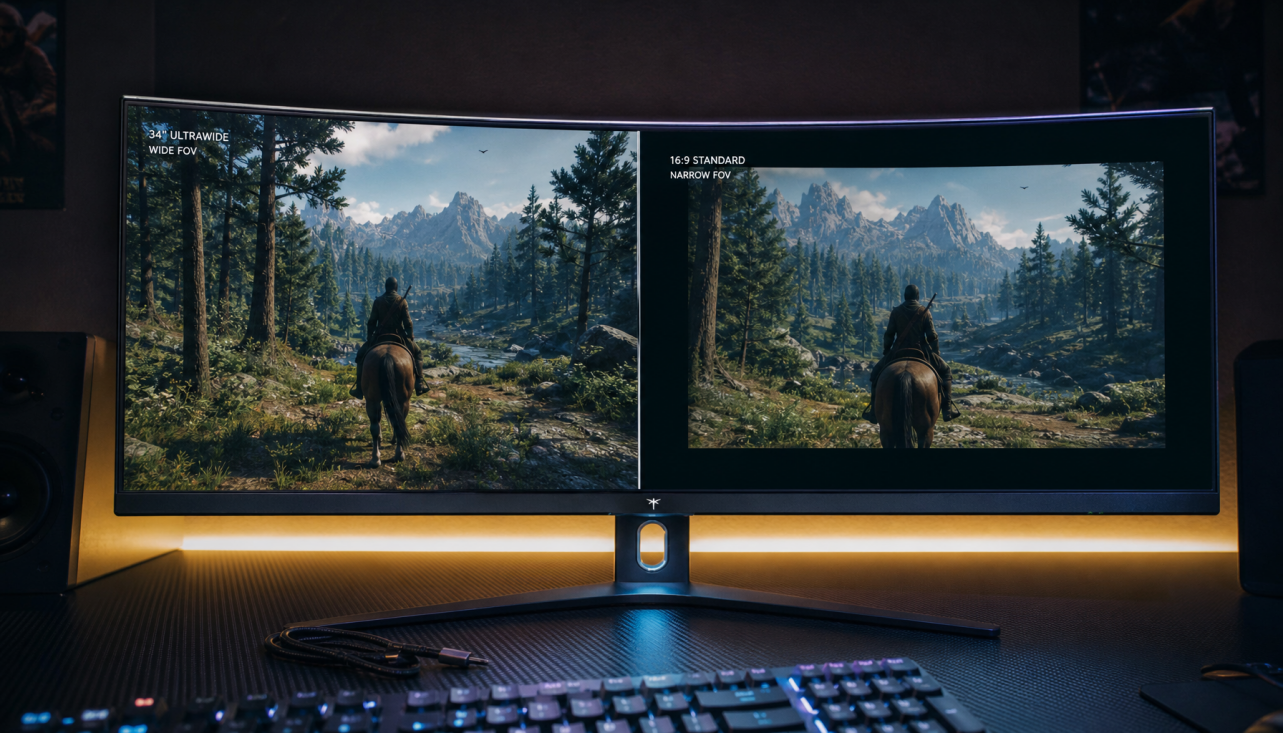 Ultrawide gaming monitor showing FOV comparison between horizontal expansion and vertical cropping in a dark gaming setup