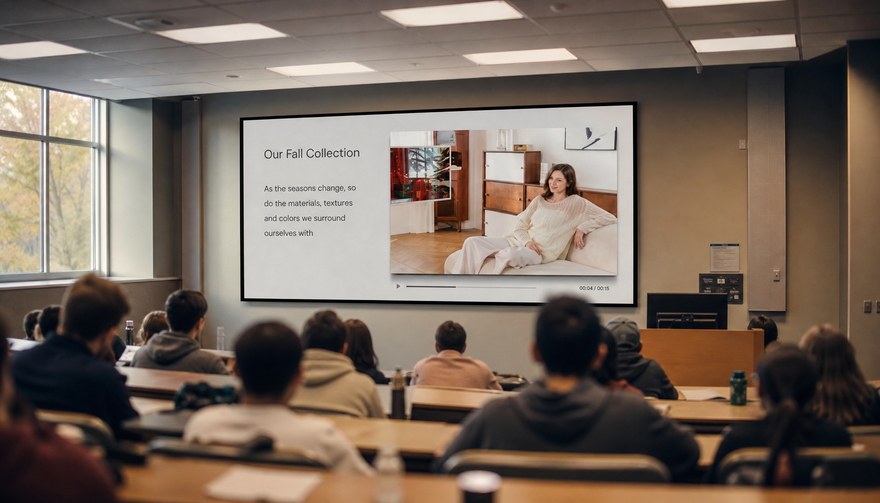 University lecture hall with a large display showing a smooth, stutter-free presentation video during class
