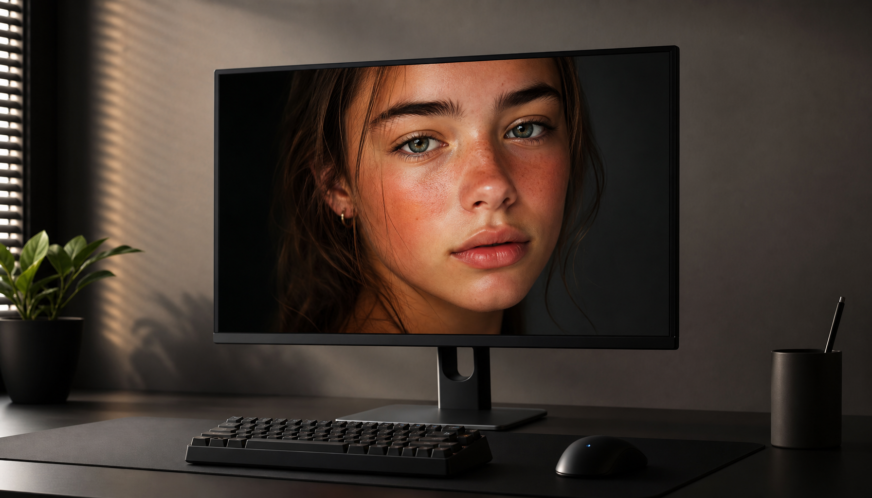 Wide-gamut gaming monitor displaying a portrait with unnatural skin tones due to color space mismatch