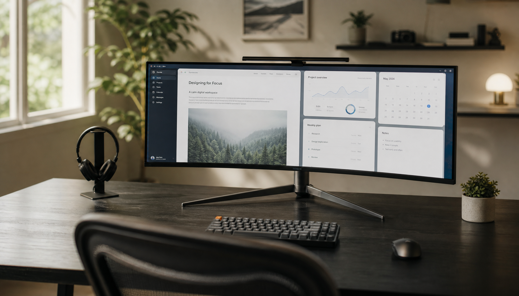 Wide ultrawide gaming monitor on an ergonomic home office desk showing a clean productivity workspace setup