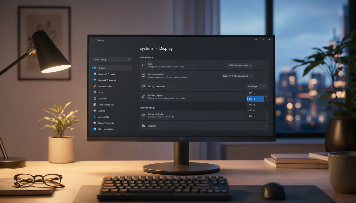 Windows Display Settings open on a modern office monitor showing refresh rate and resolution controls for reducing screen flicker