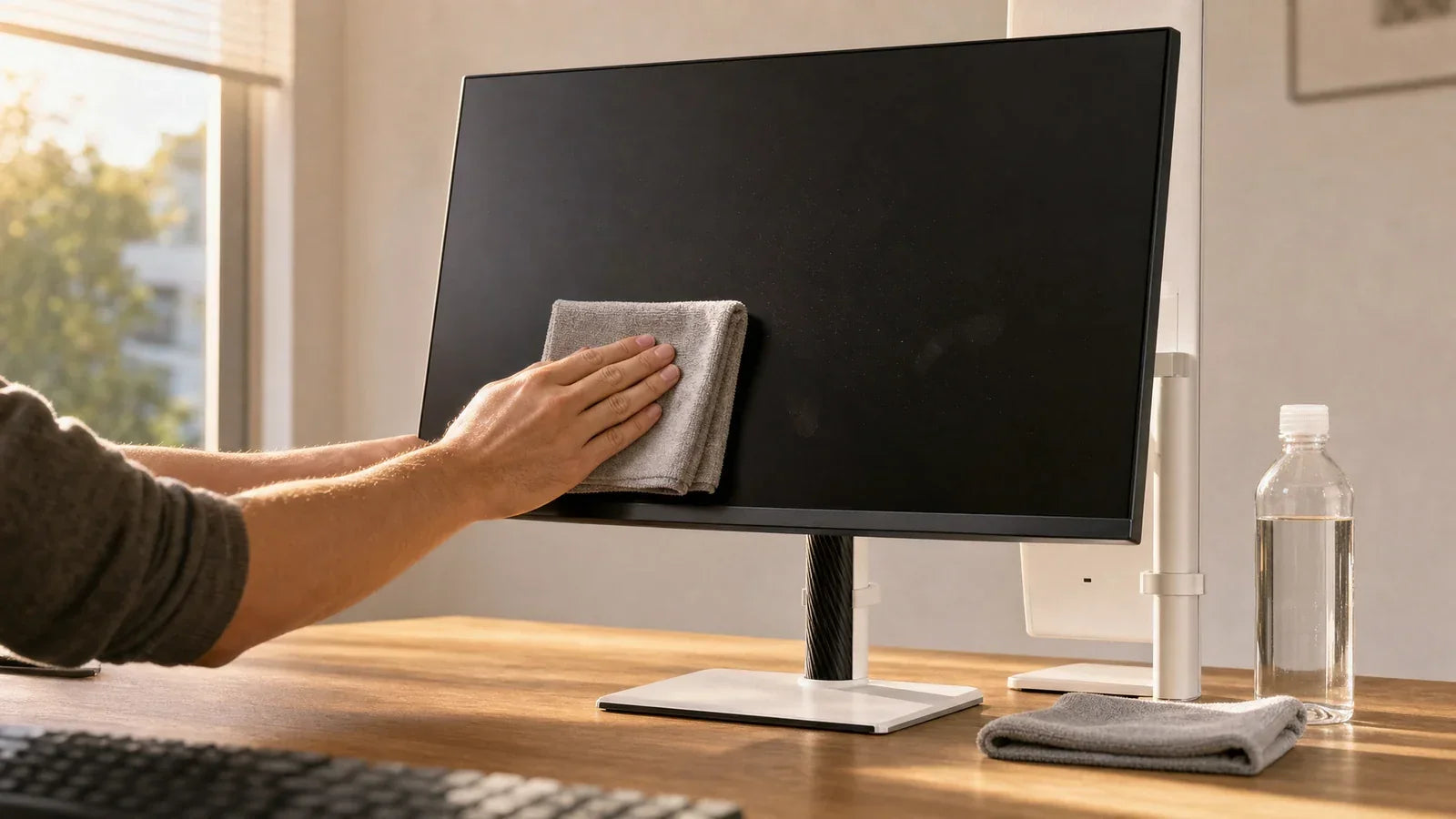 Hand wiping KTC monitor screen with microfiber cloth on wooden desk beside water bottle