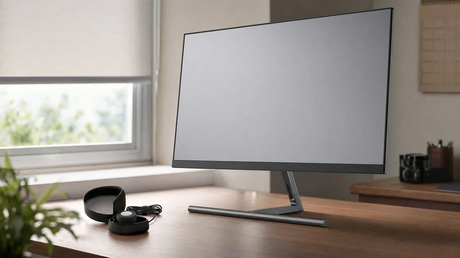 KTC monitor on wooden desk beside open wireless earbuds case near window
