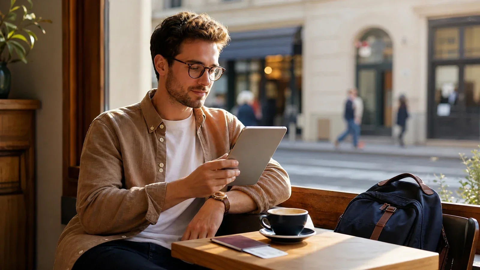 Man with glasses using tablet at cafe table next to coffee cup, passport and backpack