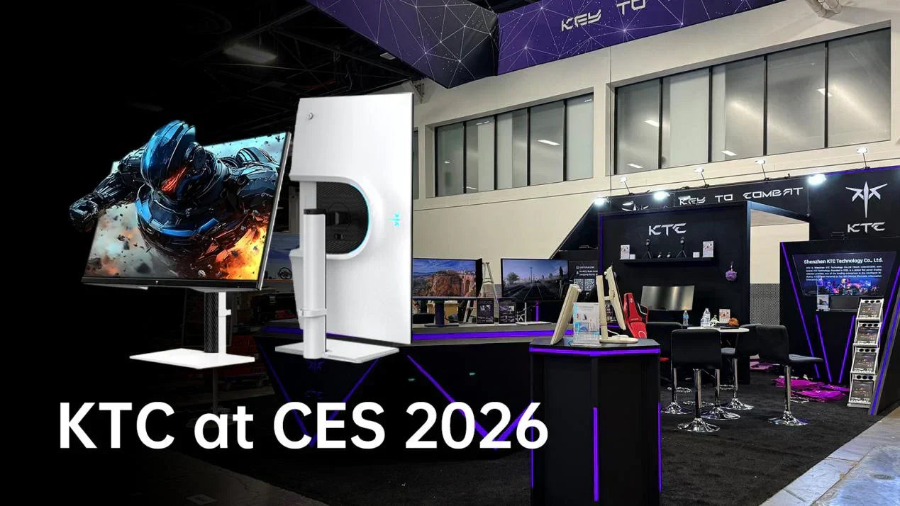 KTC booth at CES 2026 featuring a large white gaming monitor displaying a futuristic game scene.