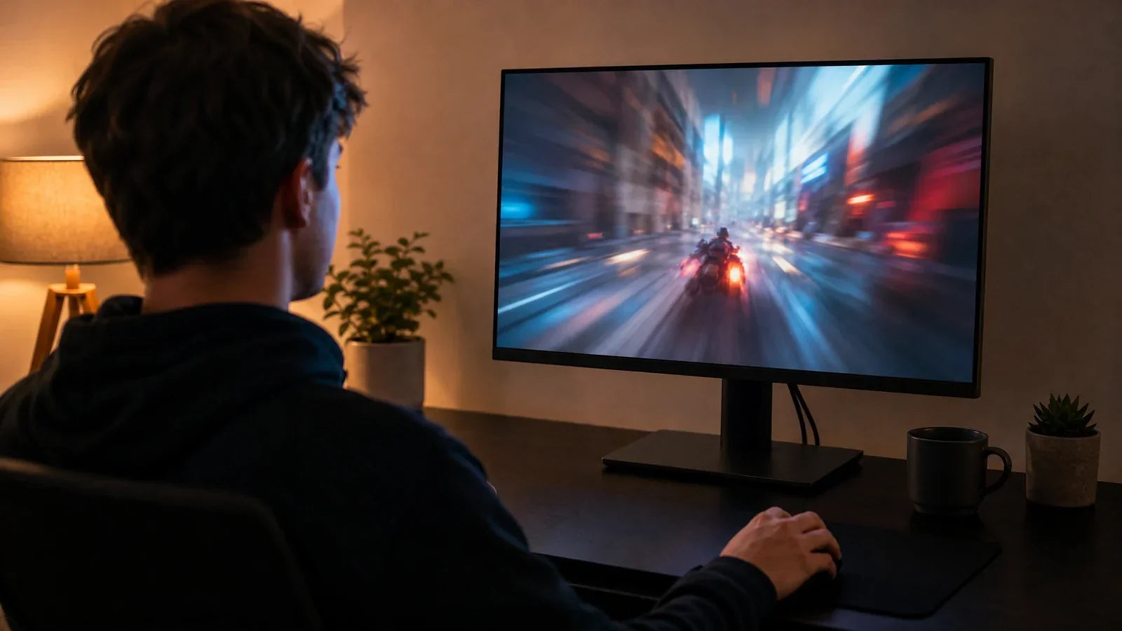Person relaxed at a home desk playing a smooth motion game on a monitor in the evening