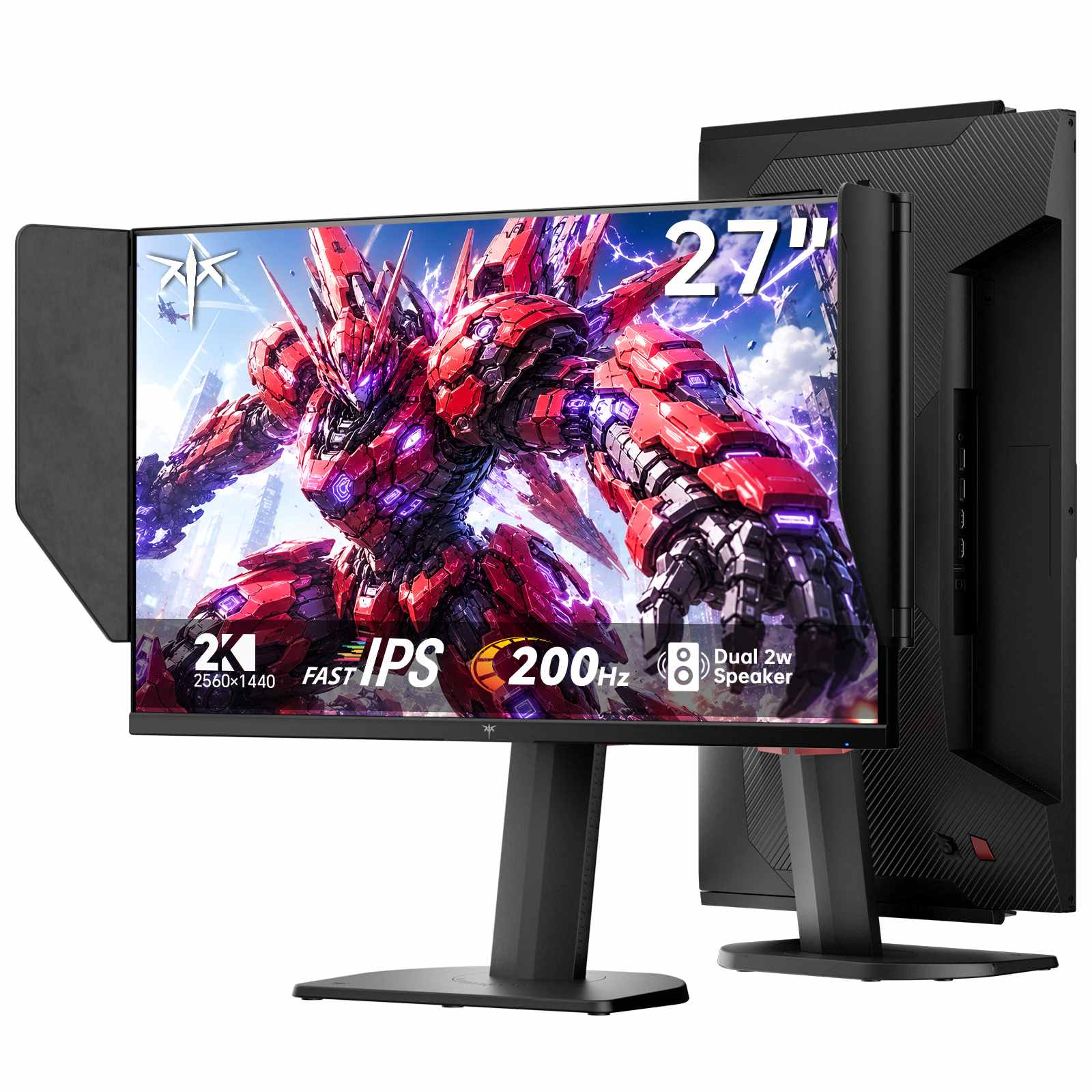 27-inch 2K gaming monitor with detachable side shields, slim bezel, and adjustable stand