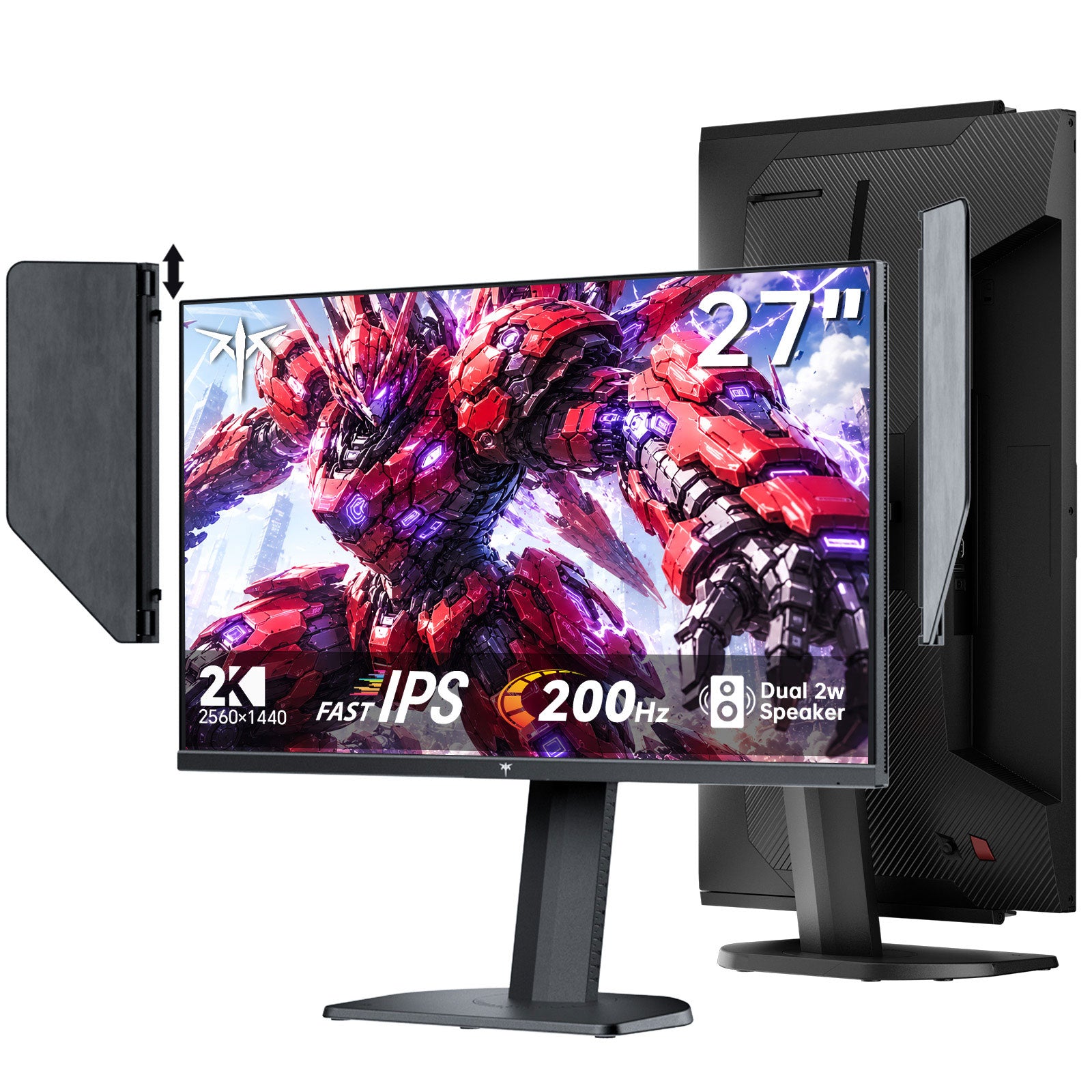27-inch 2K gaming monitor with detachable side shields, slim bezel, and adjustable stand