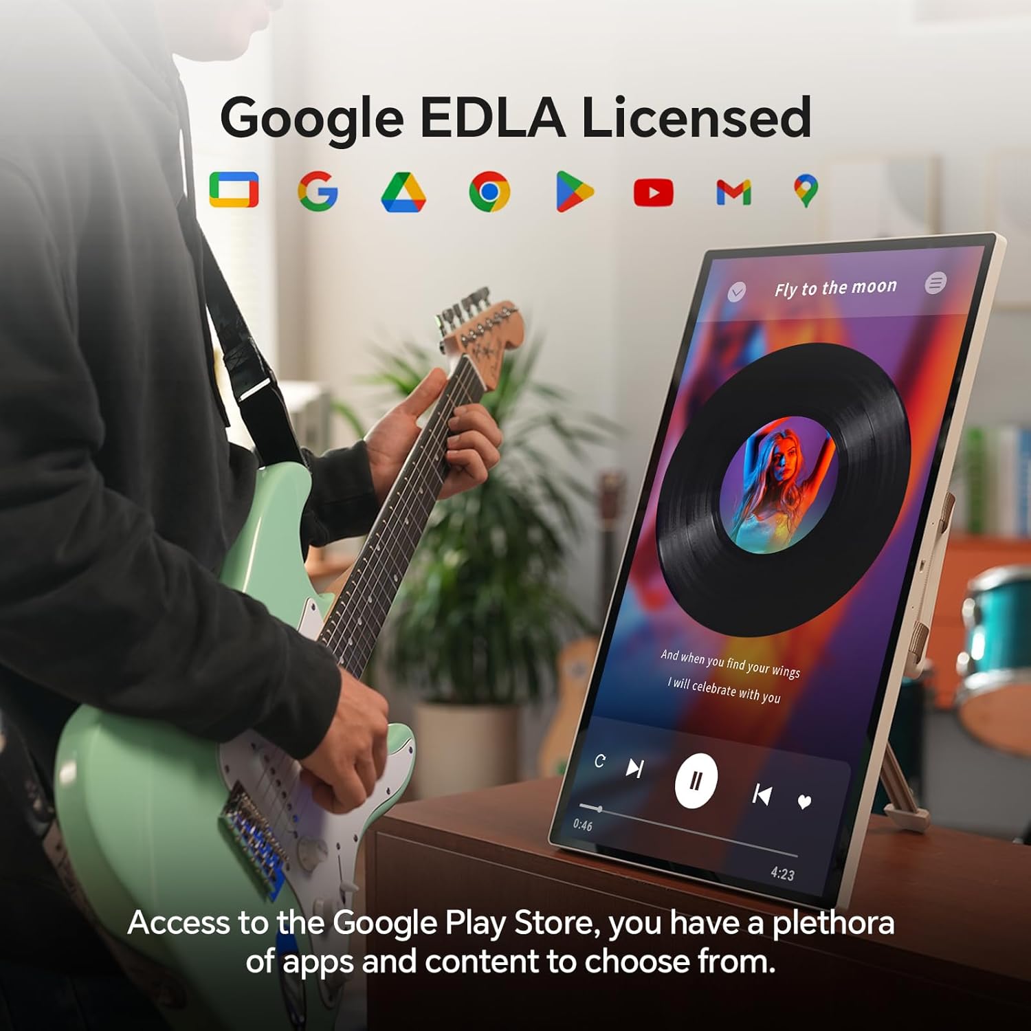 Person playing guitar with KTC A25Q5 portable touch monitor displaying music app interface, featuring Google EDLA licensing.