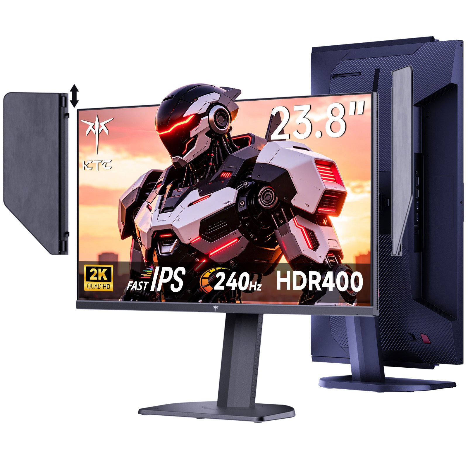 A ktc gaming monitor and tower PC shown on a clean white background. The monitor displays a futuristic robot graphic with text including 23inch.