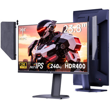 A ktc gaming monitor and tower PC shown on a clean white background. The monitor displays a futuristic robot graphic with text including 23inch.