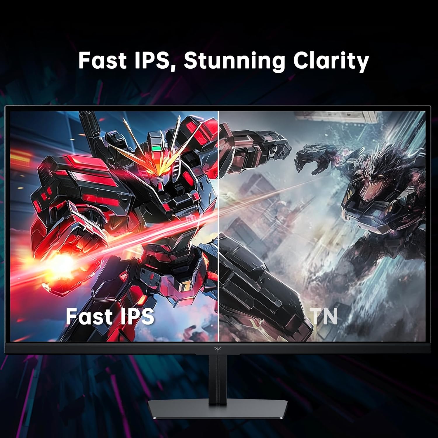 KTC H25X7 monitor: Fast IPS vs TN comparison with "Fast IPS, Stunning Clarity" text.
