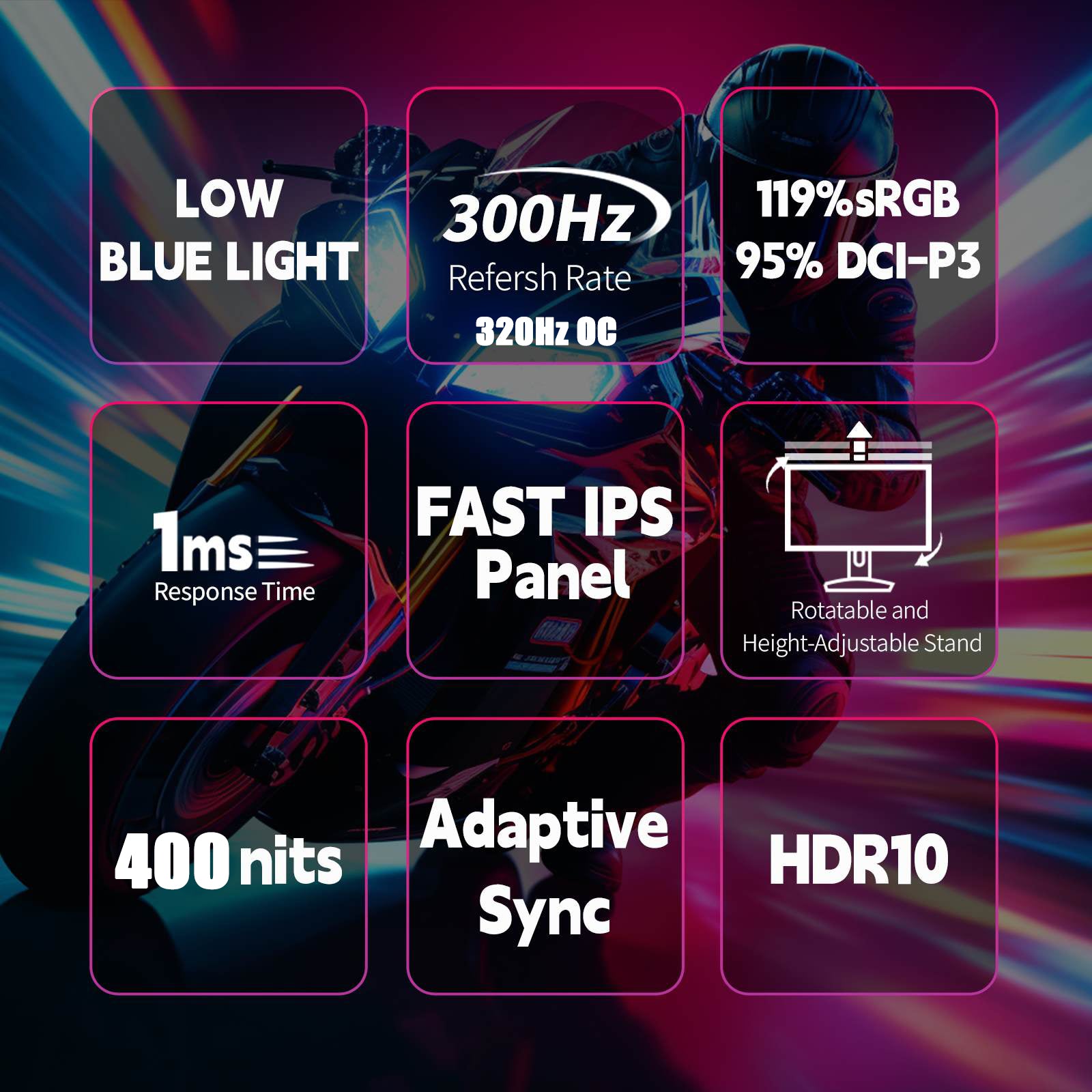 Display of monitor specifications with colorful abstract background
