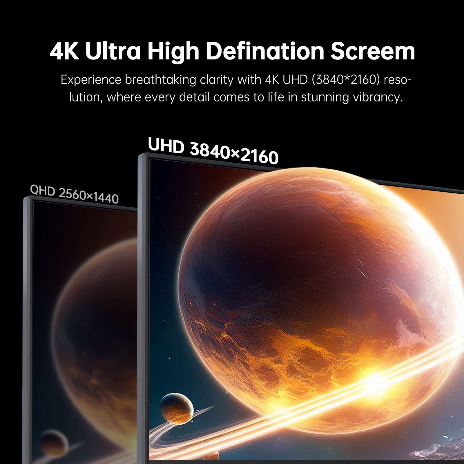 Comparison of 4K UHD 3840x2160 vs QHD 2560x1440 resolution clarity.