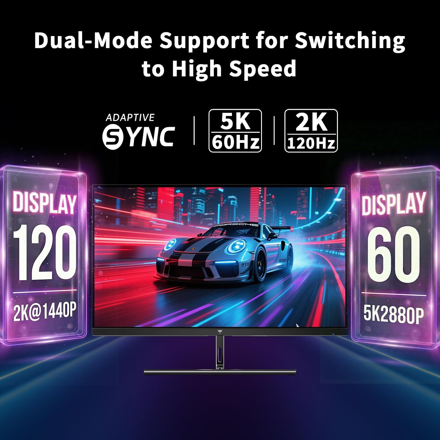 Monitor with dual-mode support for switching between high-speed displays, featuring Adaptive Sync technology.