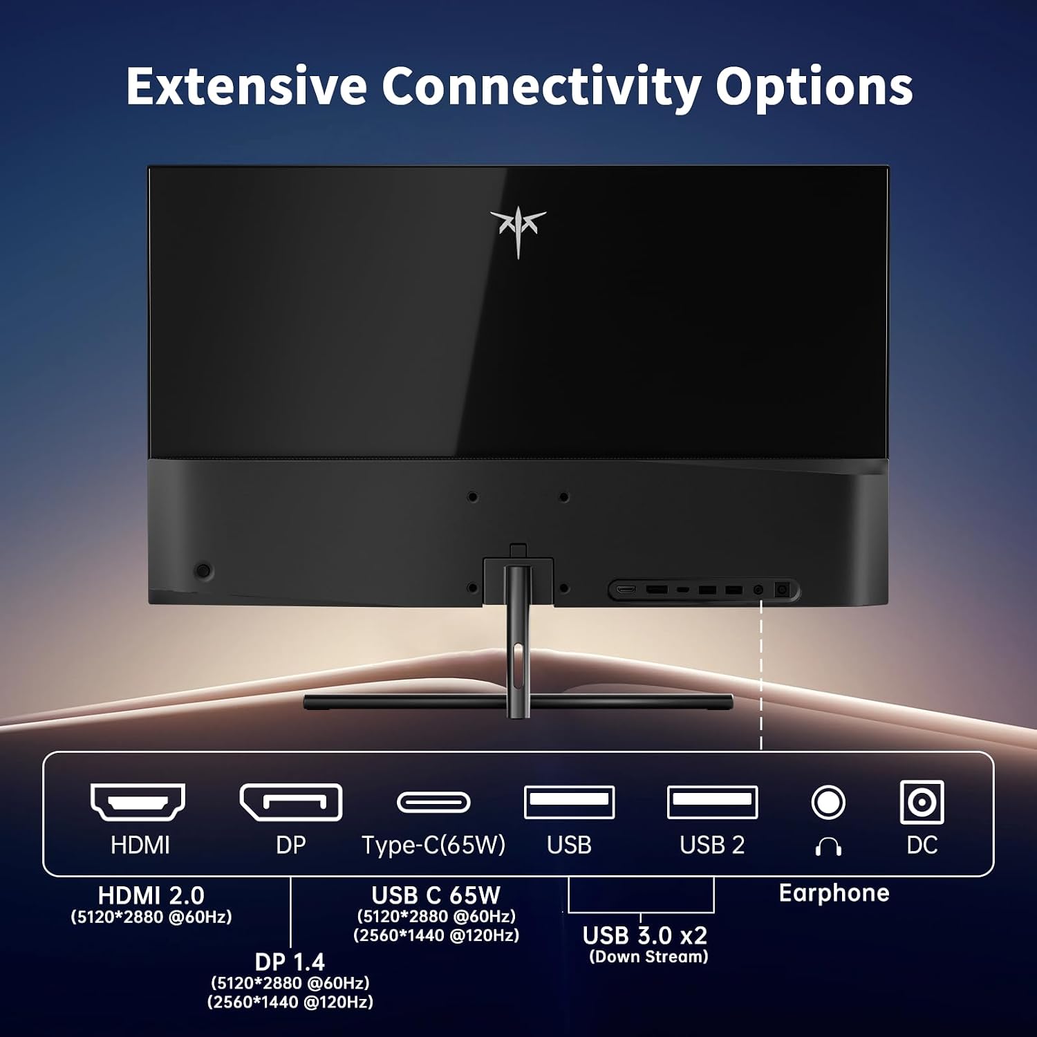 A black computer monitor shown from the back on a dark blue gradient background, with large text reading 'Extensive Connectivity Options' and a panel below listing connected ports including HDMI, DP, Type-C, USB, USB 2, earphone, and DC.