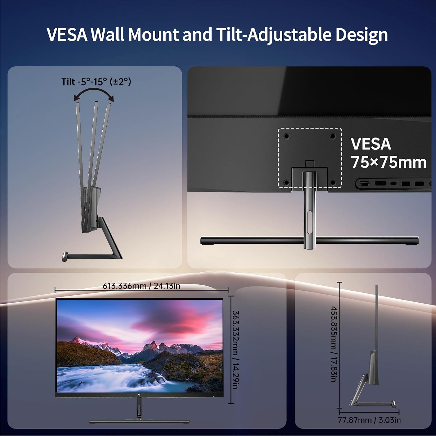VESA wall mount and tilt-adjustable design with TV display and measurements.