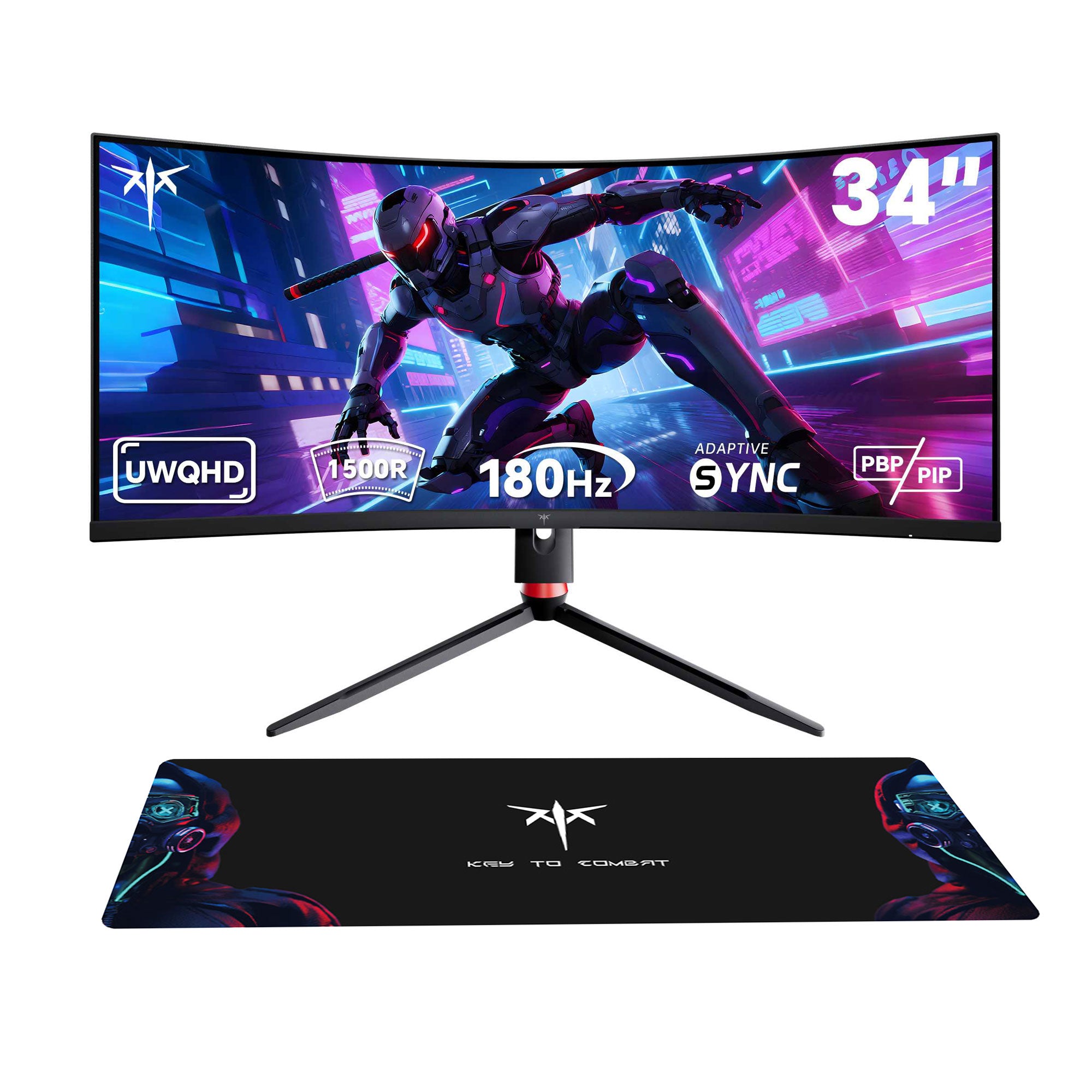 Gaming monitor with curved screen displaying a character, accompanied by a matching mouse pad.