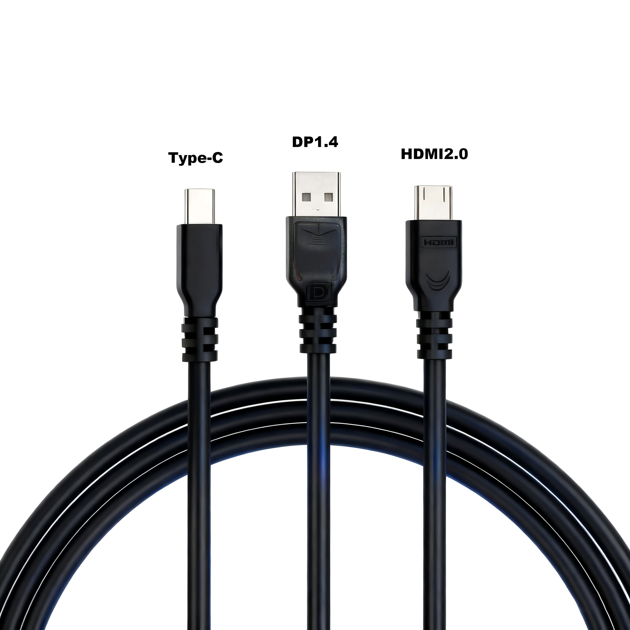 Three black cables with different connectors labeled Type-C, DP1.4, and HDMI2.0