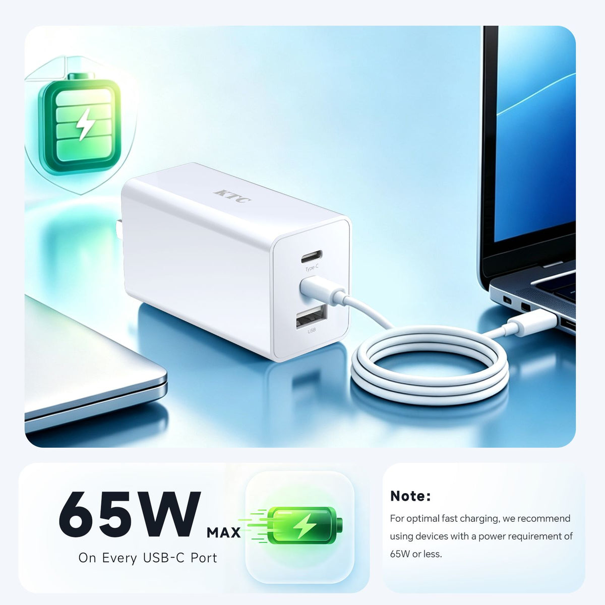 KTC 65W GaN USB-C Charger, 3-Port Fast Charger with Dual USB-C & USB-A