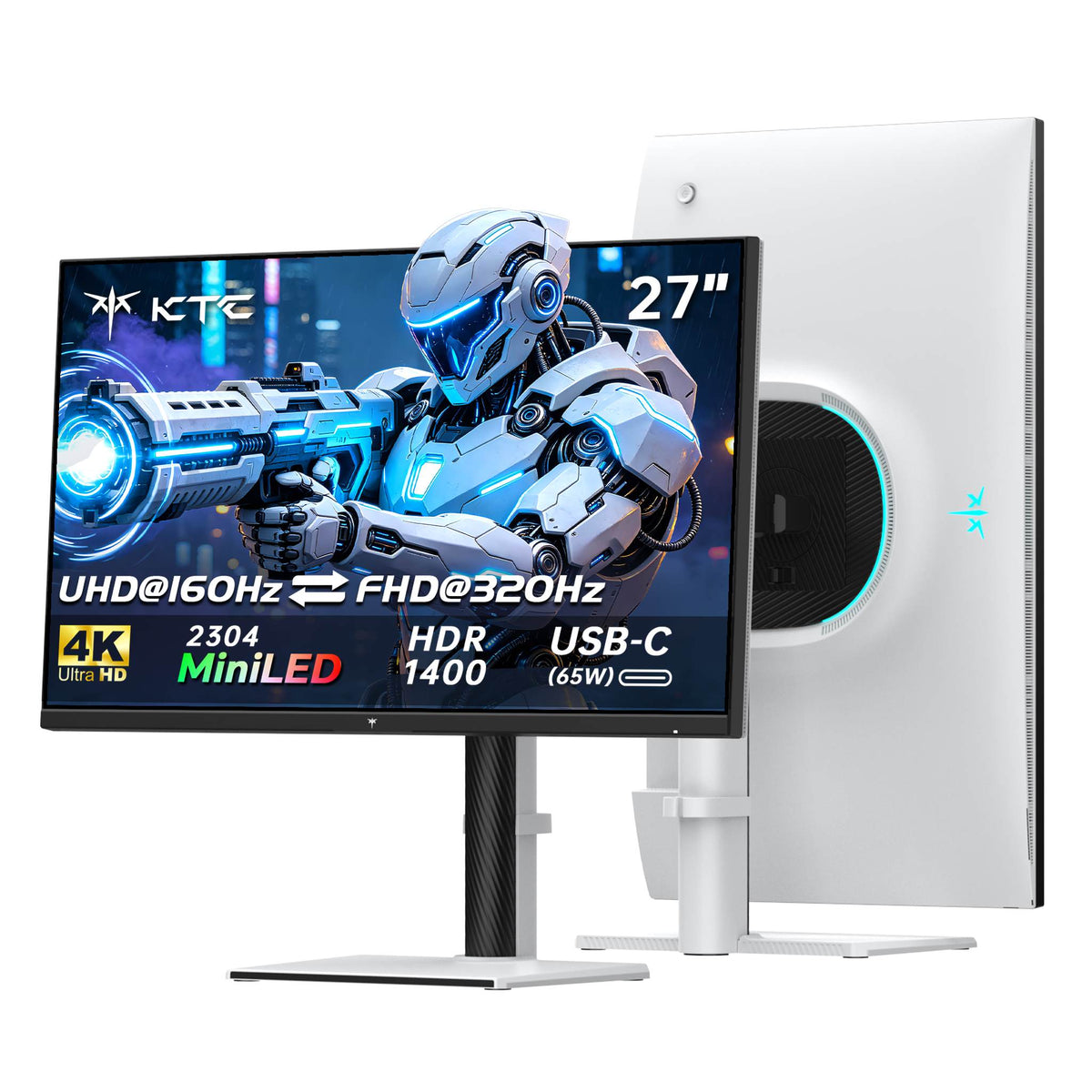 27-inch 4K Mini LED gaming monitor showing 160Hz and 320Hz dual mode with 2304 local dimming zones and white back panel