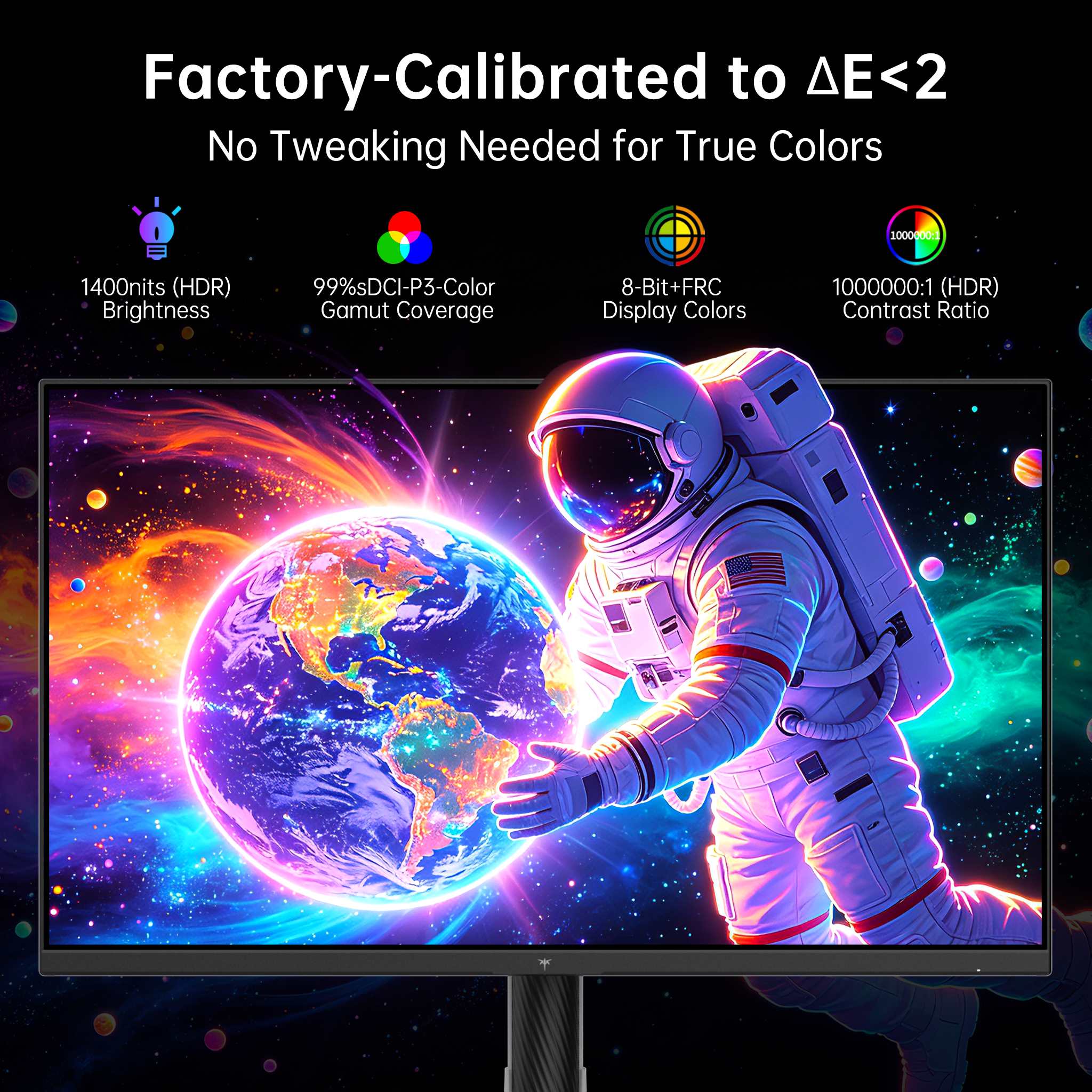 Factory calibrated 4K Mini LED monitor screen displaying vibrant astronaut in space with Delta E less than 2 color accuracy