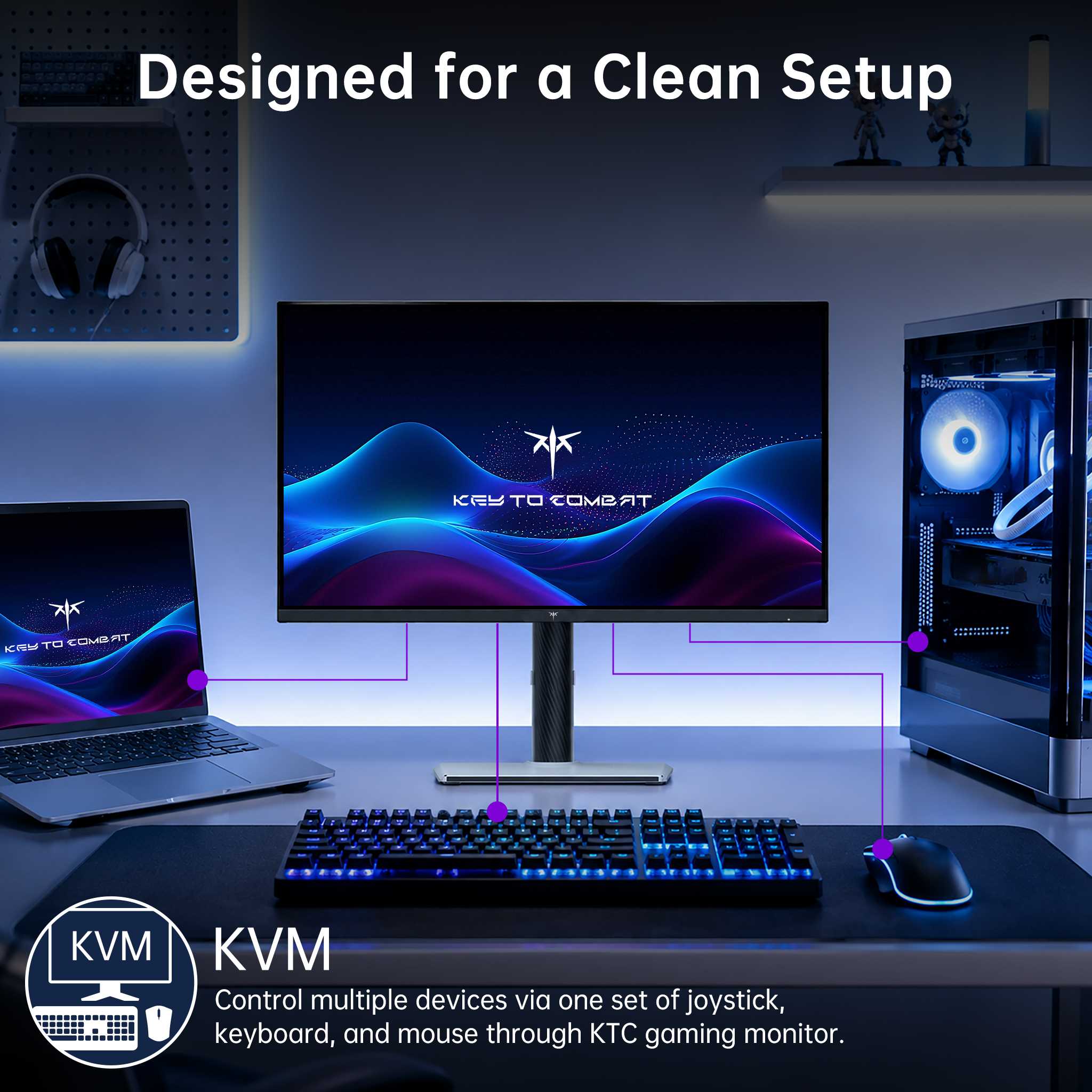 Clean gaming desk setup featuring 4K Mini LED monitor with KVM switch connecting a laptop and desktop PC