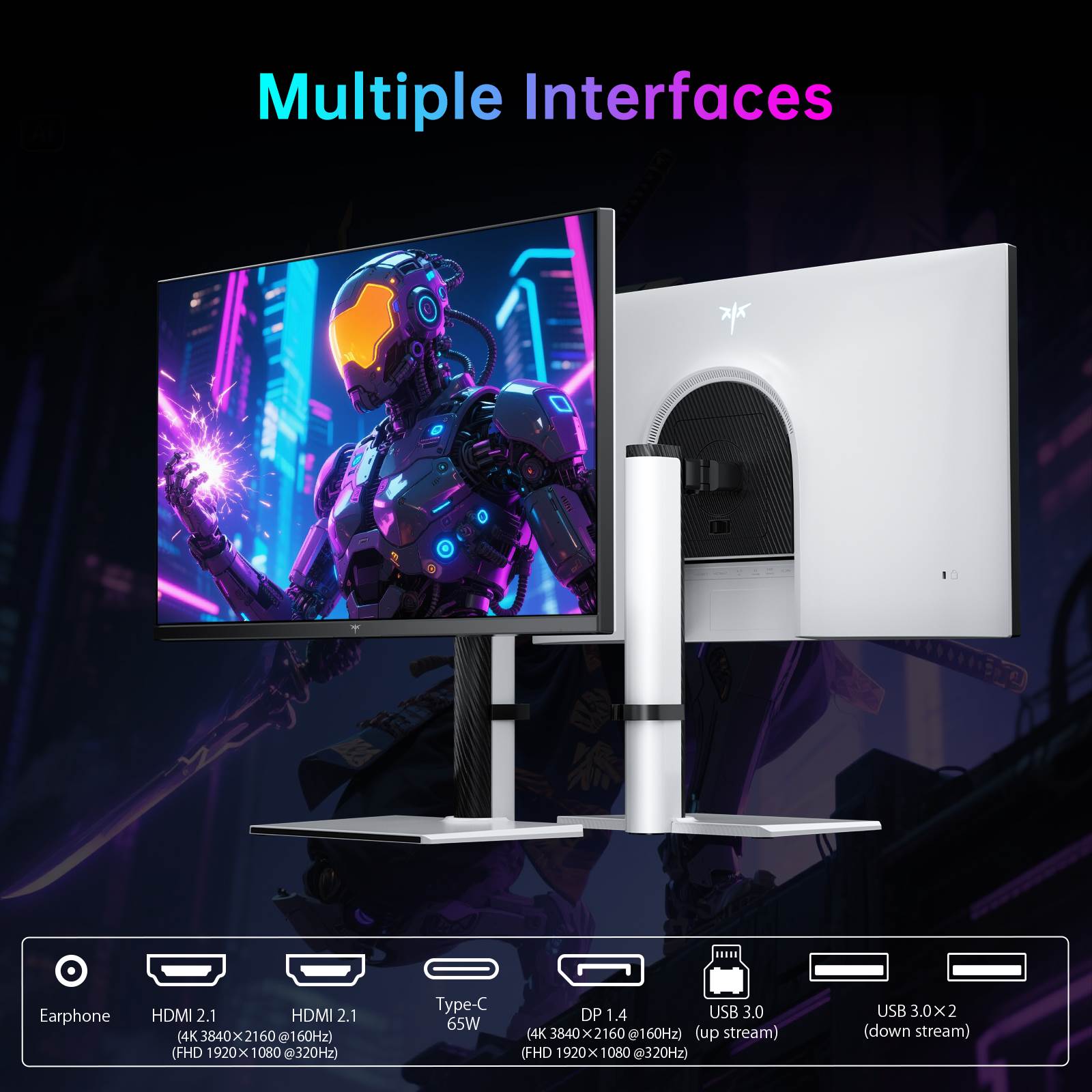KTC Gaming Monitor showcasing multiple interfaces, including HDMI 2.1, Type-C, DP, and USB ports